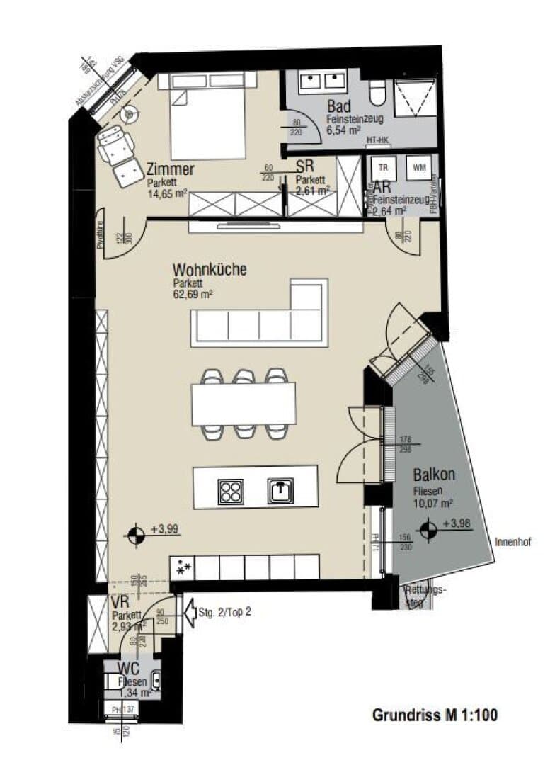 Grundriss Top 2.02 — Kandlhof – Kandlgasse 23 — 3 Zimmer — 93 m² — Ground floor / Mezzanine — Innenhof, Balkon — Grundriss 1/3