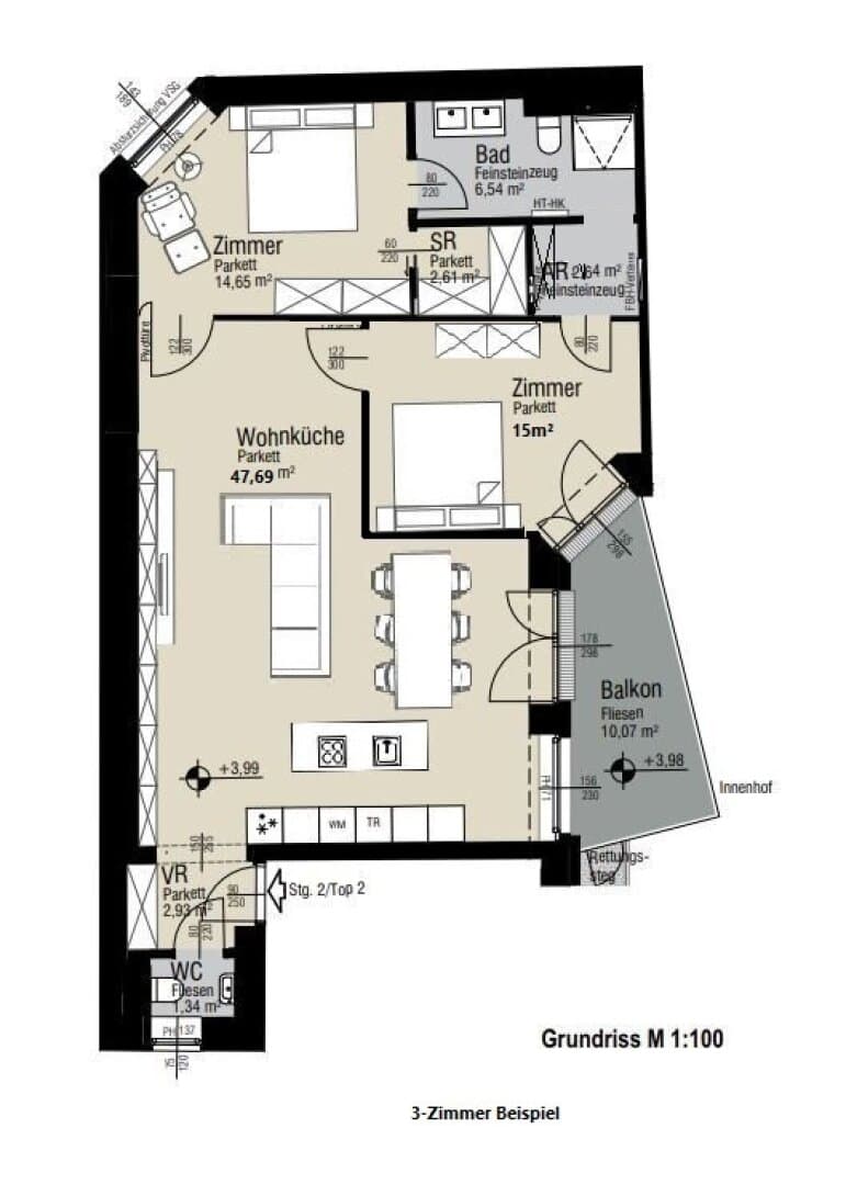 Grundriss Top 2.02 — Kandlhof – Kandlgasse 23 — 3 Zimmer — 93 m² — Ground floor / Mezzanine — Innenhof, Balkon — Grundriss 2/3