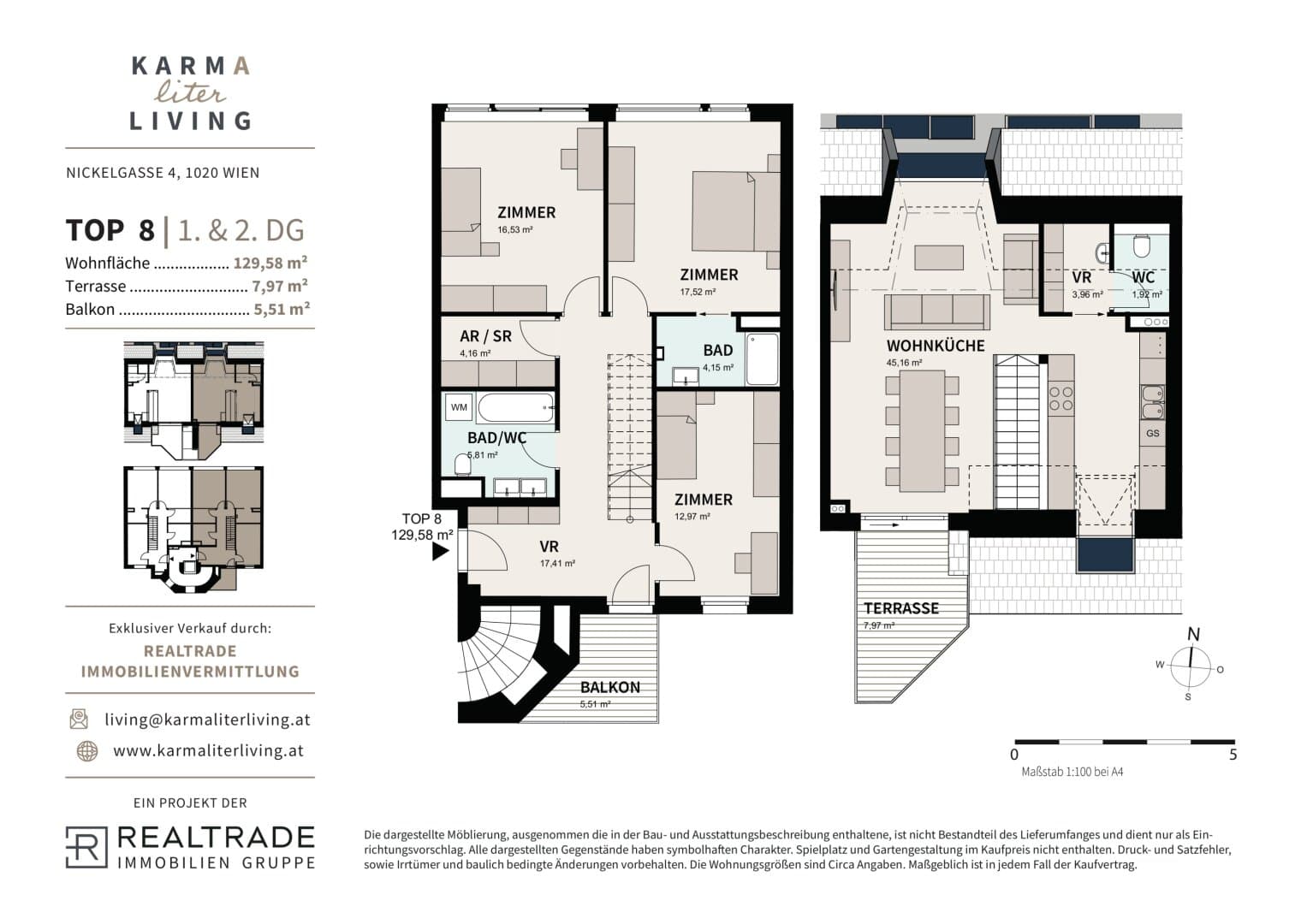 Grundriss Top 8 — KARMA (liter) Living — 4 Zimmer — 129,6 m² — 1st attic floor — 5,51 m² (Balkon)7,83 m² (Terrasse), 5,51 m² (Balkon), 7,83 m² (Terrasse) — Grundriss 1/2