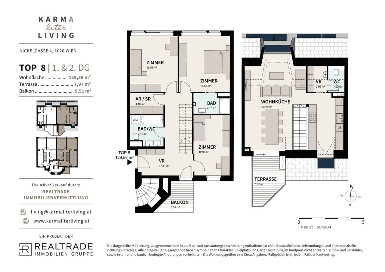 Grundriss Top 8 — KARMA (liter) Living — 4 Zimmer — 129,6 m² — 1st attic floor — 5,51 m² (Balkon)7,83 m² (Terrasse), 5,51 m² (Balkon), 7,83 m² (Terrasse) — Grundriss 2/2