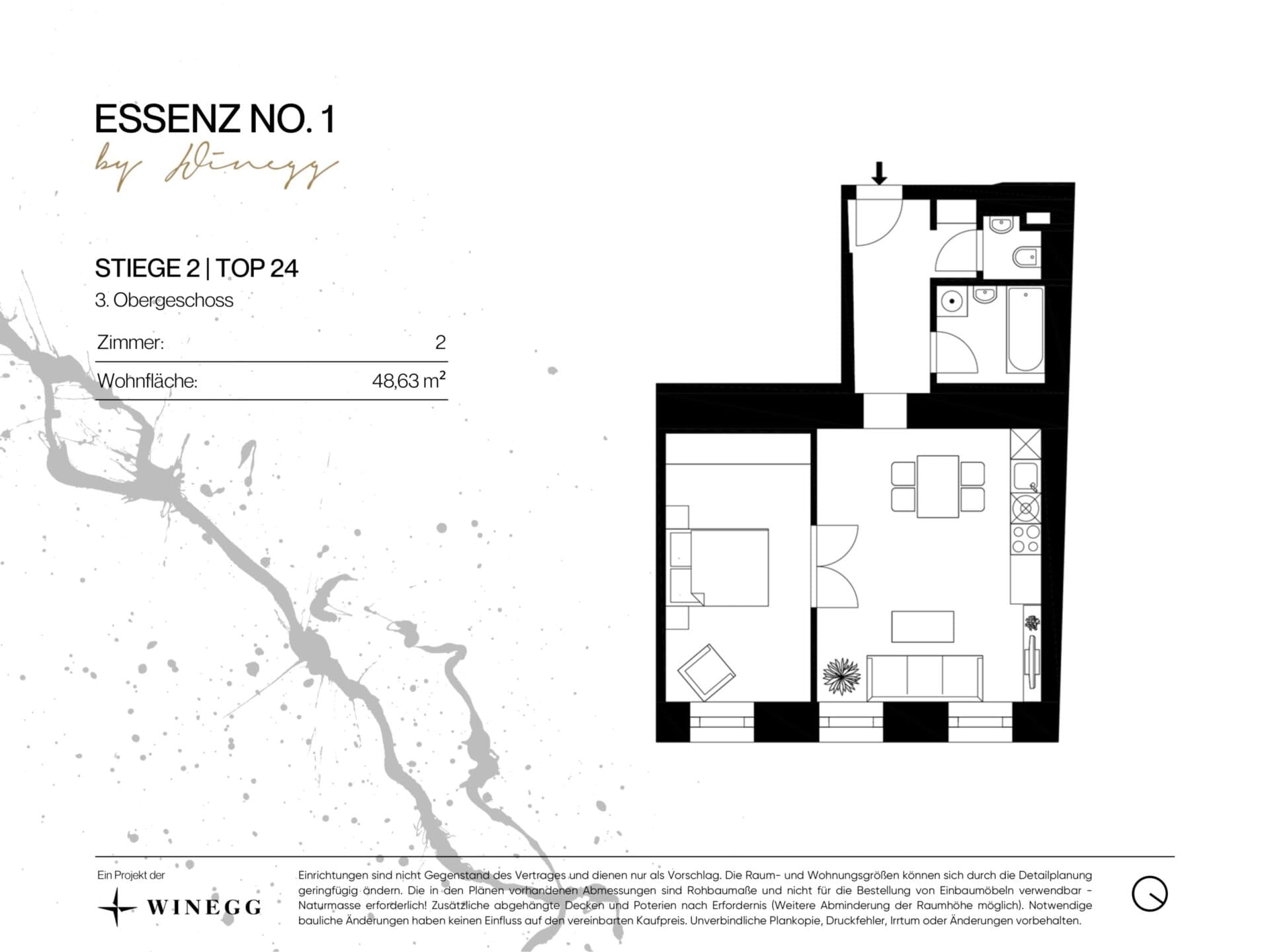 Grundriss Top 2/24 — ESSENZ No.1 — 2 Zimmer — 48,6 m² — 3rd floor — Nord, Ost — Grundriss 1/2