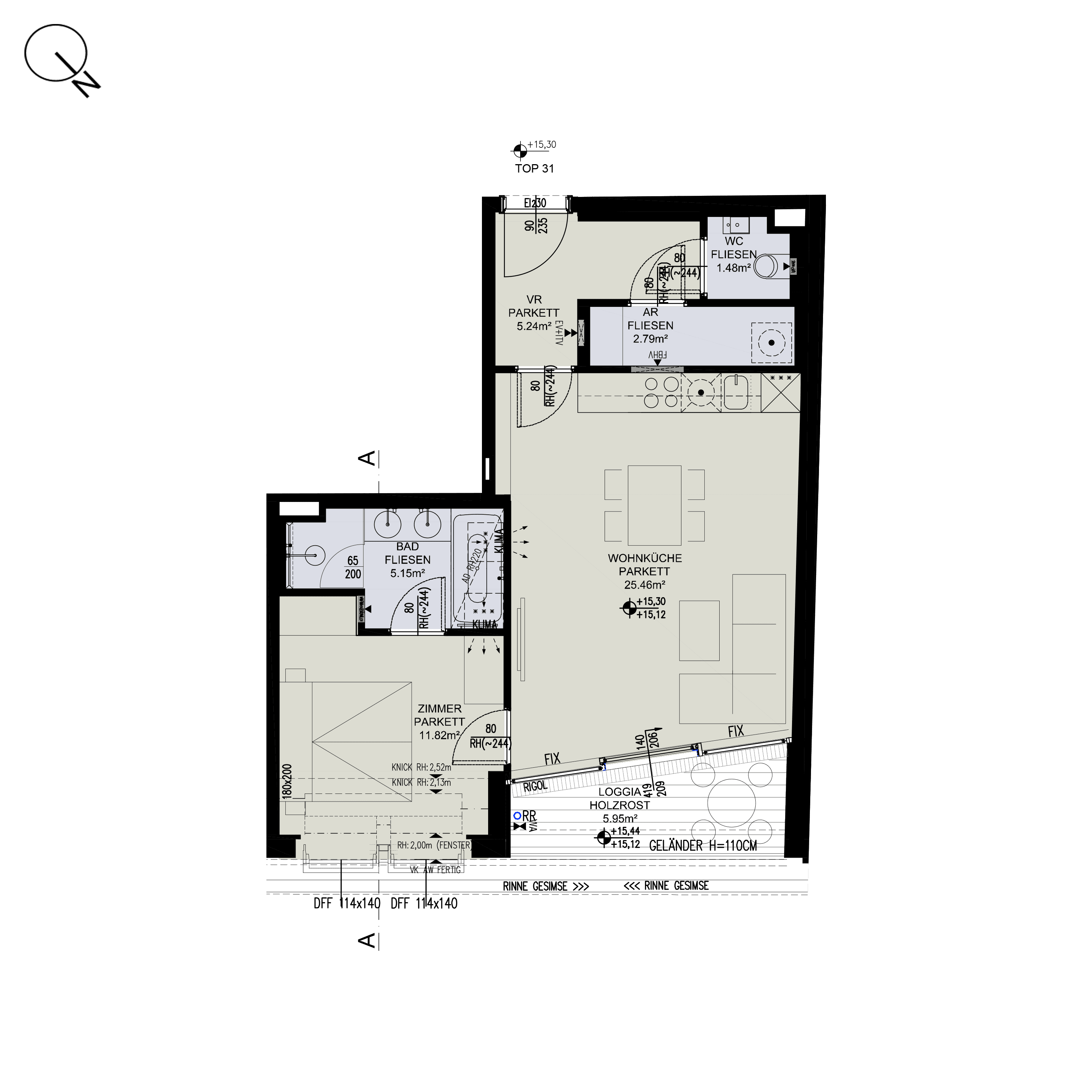 Grundriss Top 2/31 — ESSENZ No.1 — 2 Zimmer — 51,9 m² — 1st attic floor — Nord, Ost — Grundriss 1/3
