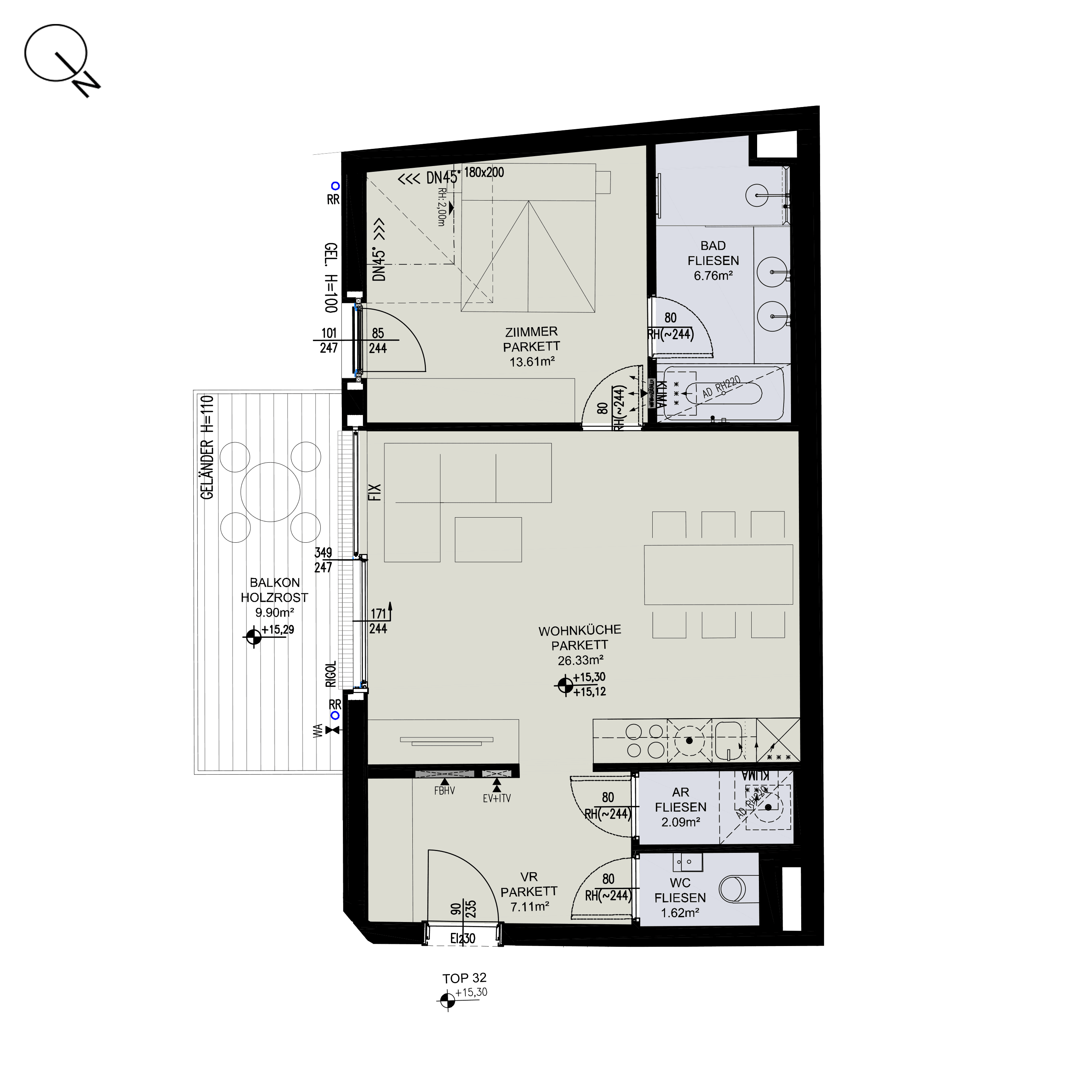 Grundriss Top 2/32 — ESSENZ No.1 — 2 Zimmer — 57,5 m² — 1st attic floor — Ost, Süd — Grundriss 1/2