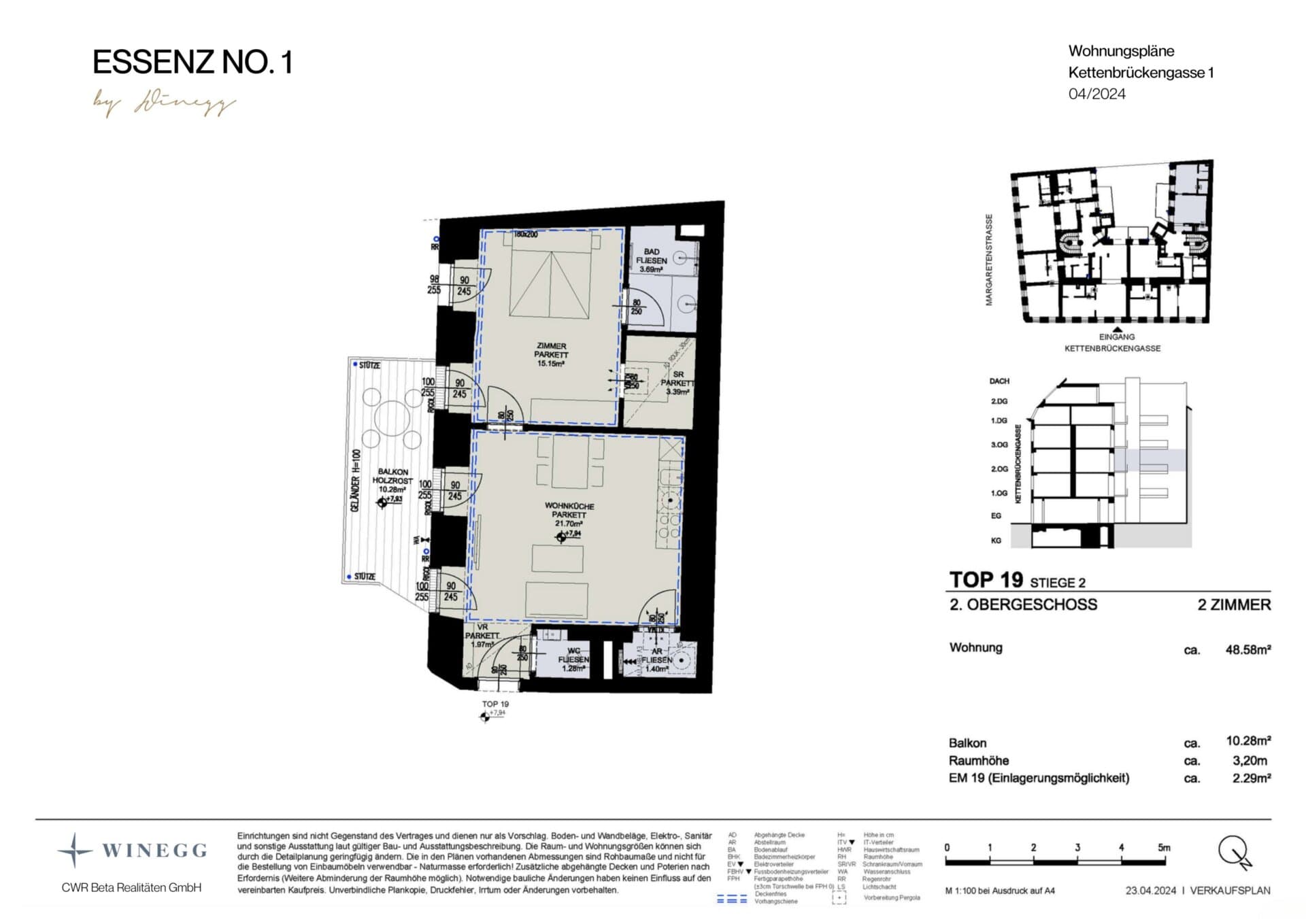 Grundriss Top 2/19 — ESSENZ No.1 — 2 Zimmer — 48,6 m² — 2nd floor — Ost, Süd — Grundriss 2/2