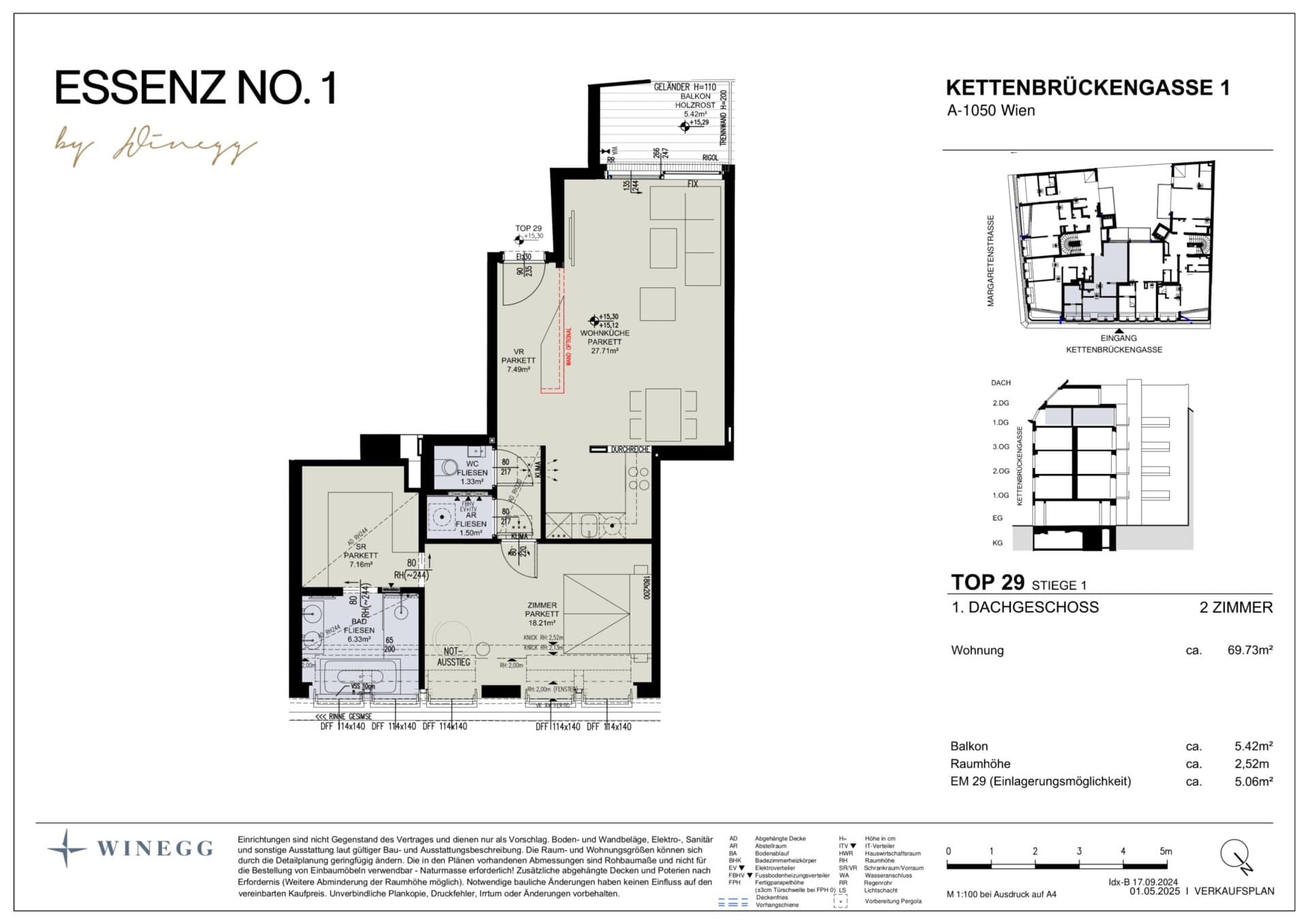 Grundriss Top 1/29 — ESSENZ No.1 — 2 Zimmer — 69,7 m² — 1st attic floor — Süd, West — Grundriss 3/3