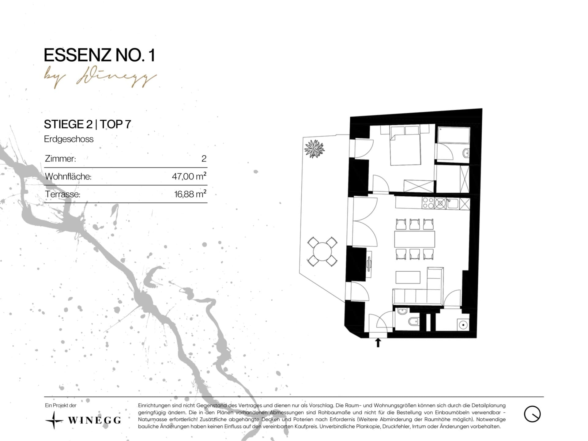 Grundriss Top 2/7 — ESSENZ No.1 — 2 Zimmer — 47 m² — Ground floor — Ost, Süd — Grundriss 2/3