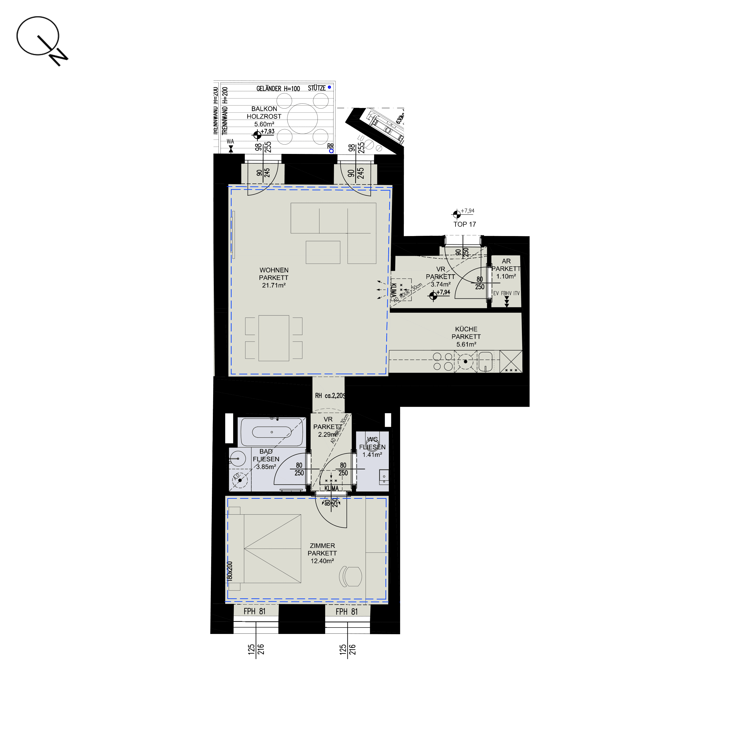 Grundriss Top 2/17 — ESSENZ No.1 — 2 Zimmer — 52,1 m² — 2nd floor — Süd, West — Grundriss 1/3
