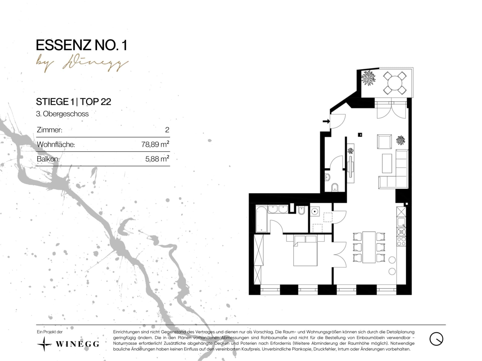 Grundriss Top 1/22 — ESSENZ No.1 — 2 Zimmer — 78,9 m² — 3rd floor — Nord, Ost — Grundriss 2/3