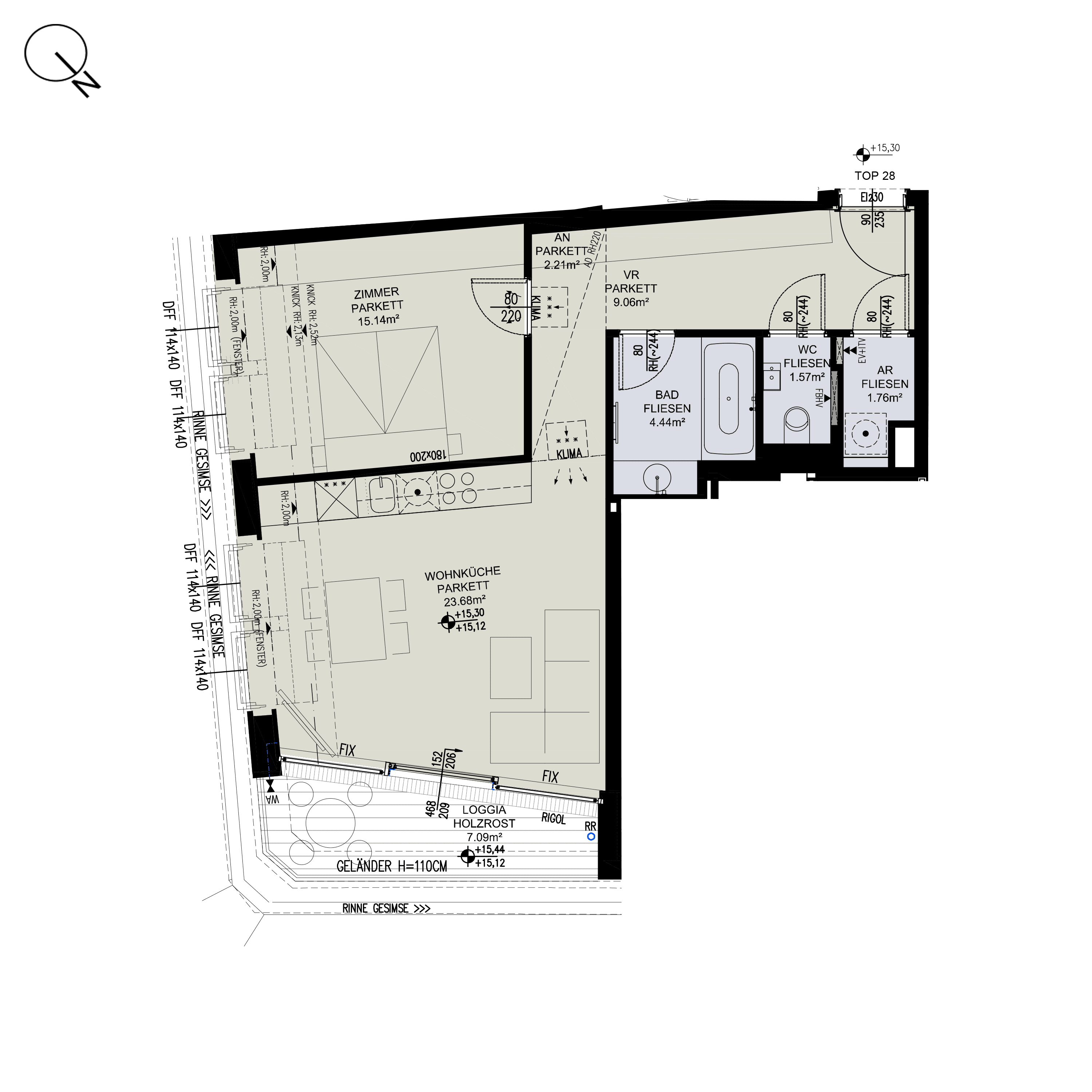 Grundriss Top 1/28 — ESSENZ No.1 — 2 Zimmer — 57,9 m² — 1st attic floor — Nord, Ost — Grundriss 1/3