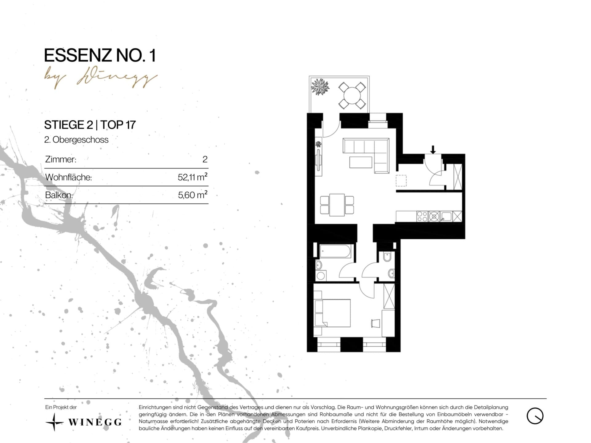 Grundriss Top 2/17 — ESSENZ No.1 — 2 Zimmer — 52,1 m² — 2nd floor — Süd, West — Grundriss 2/3