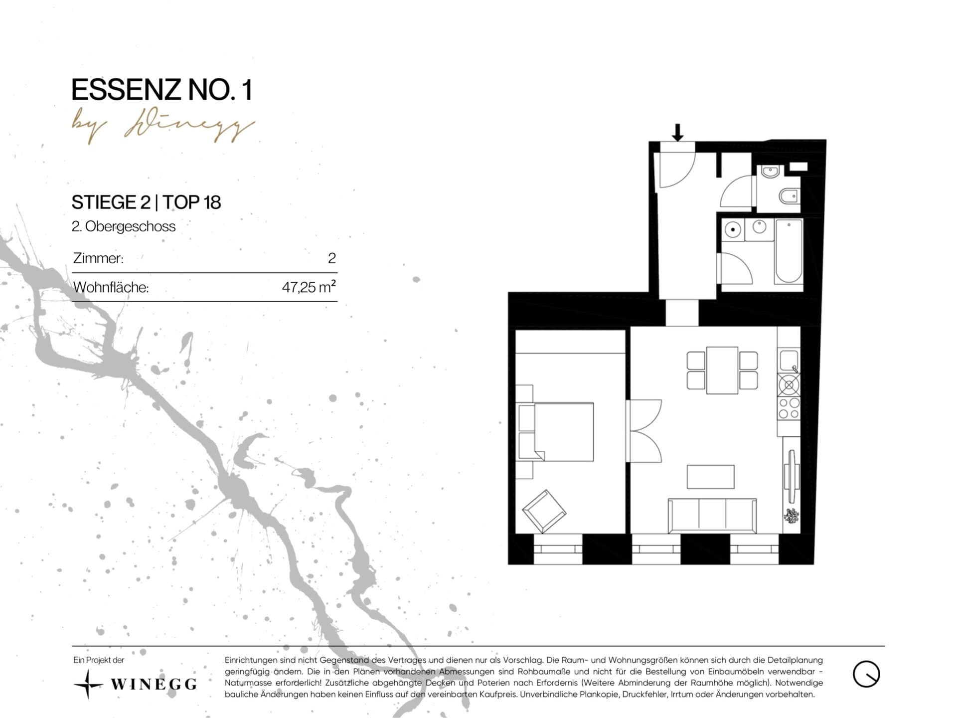Grundriss Top 2/18 — ESSENZ No.1 — 2 Zimmer — 47,3 m² — 2nd floor — Nord, Ost — Grundriss 2/3