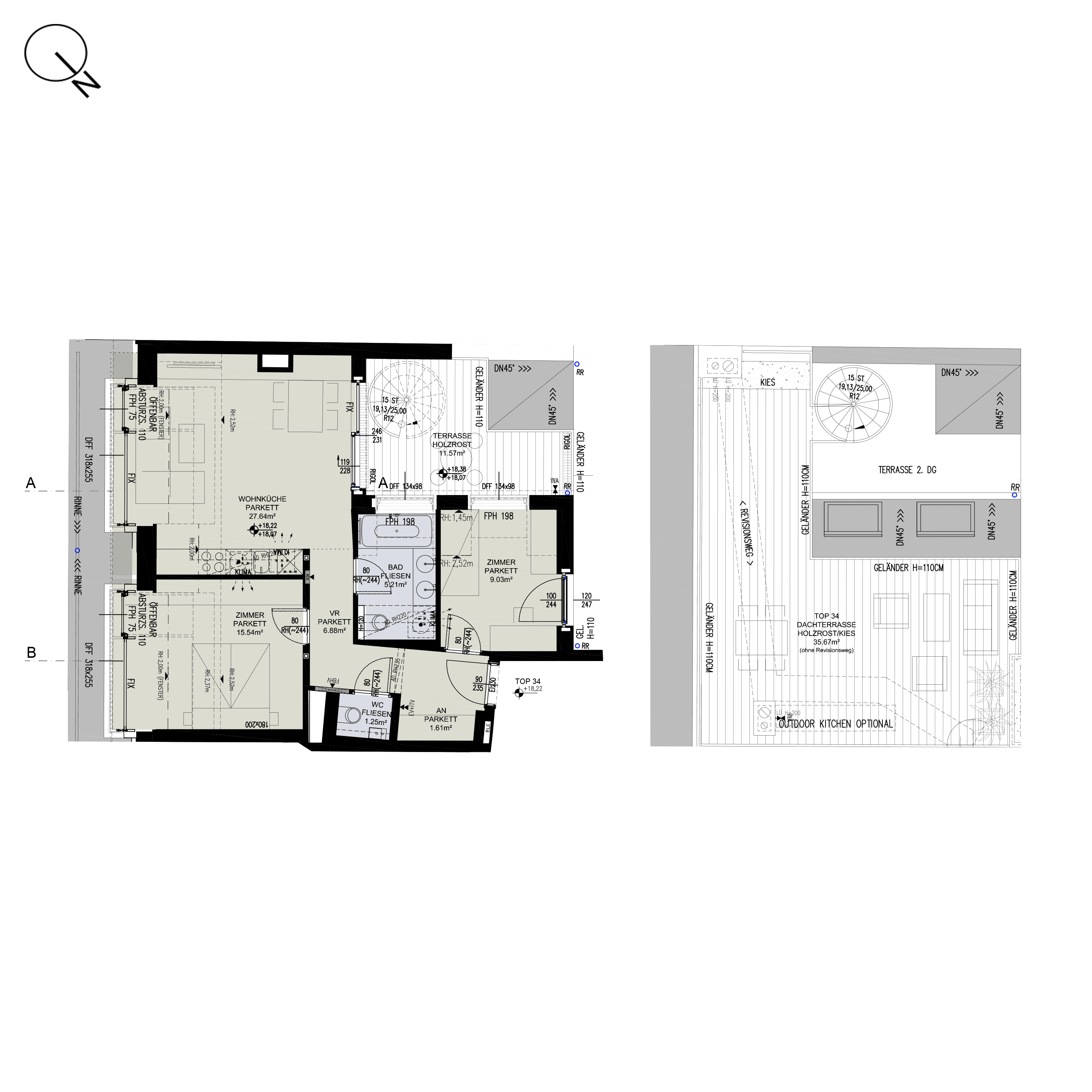 Grundriss Top 1/34 — ESSENZ No.1 — 3 Zimmer — 67,2 m² — 2nd attic floor — Süd, West — Grundriss 1/4