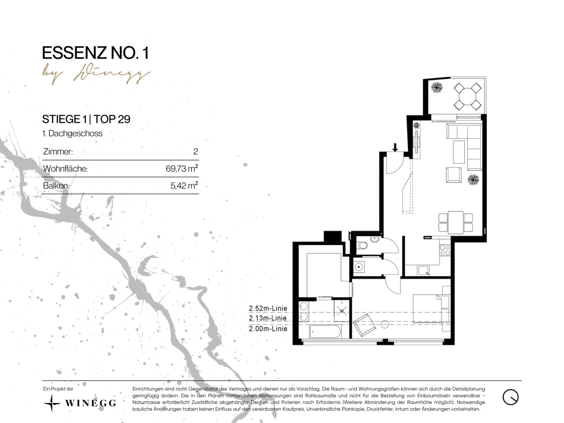 Grundriss Top 1/29 — ESSENZ No.1 — 2 Zimmer — 69,7 m² — 1st attic floor — Süd, West — Grundriss 2/3