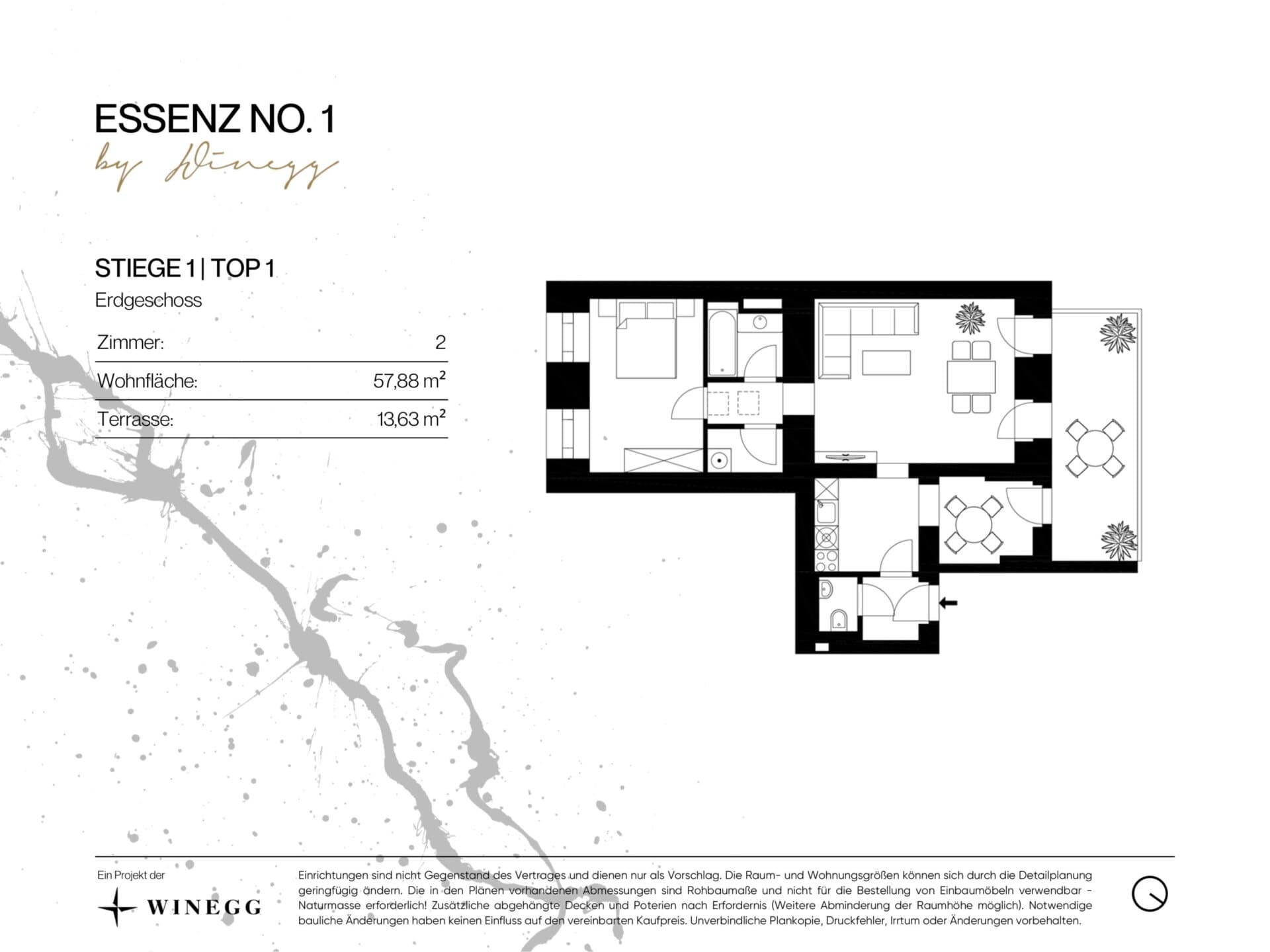 Grundriss Top 1/1 — ESSENZ No.1 — 2 Zimmer — 57,9 m² — Ground floor — West — Grundriss 2/3