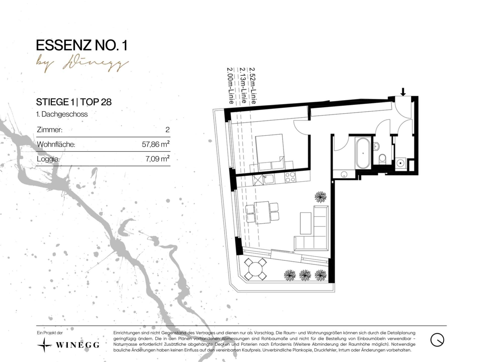 Grundriss Top 1/28 — ESSENZ No.1 — 2 Zimmer — 57,9 m² — 1st attic floor — Nord, Ost — Grundriss 2/3