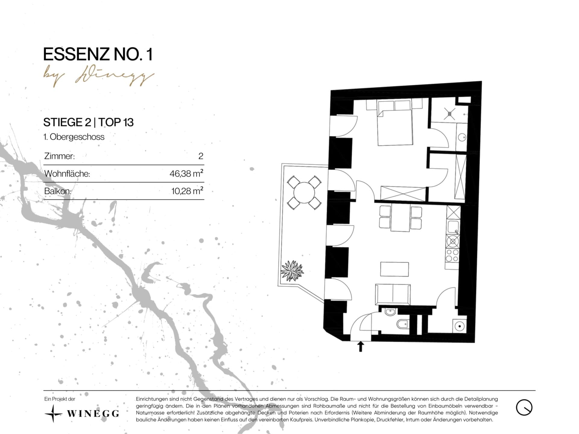 Grundriss Top 2/13 — ESSENZ No.1 — 2 Zimmer — 46,4 m² — 1st floor — Ost, Süd
