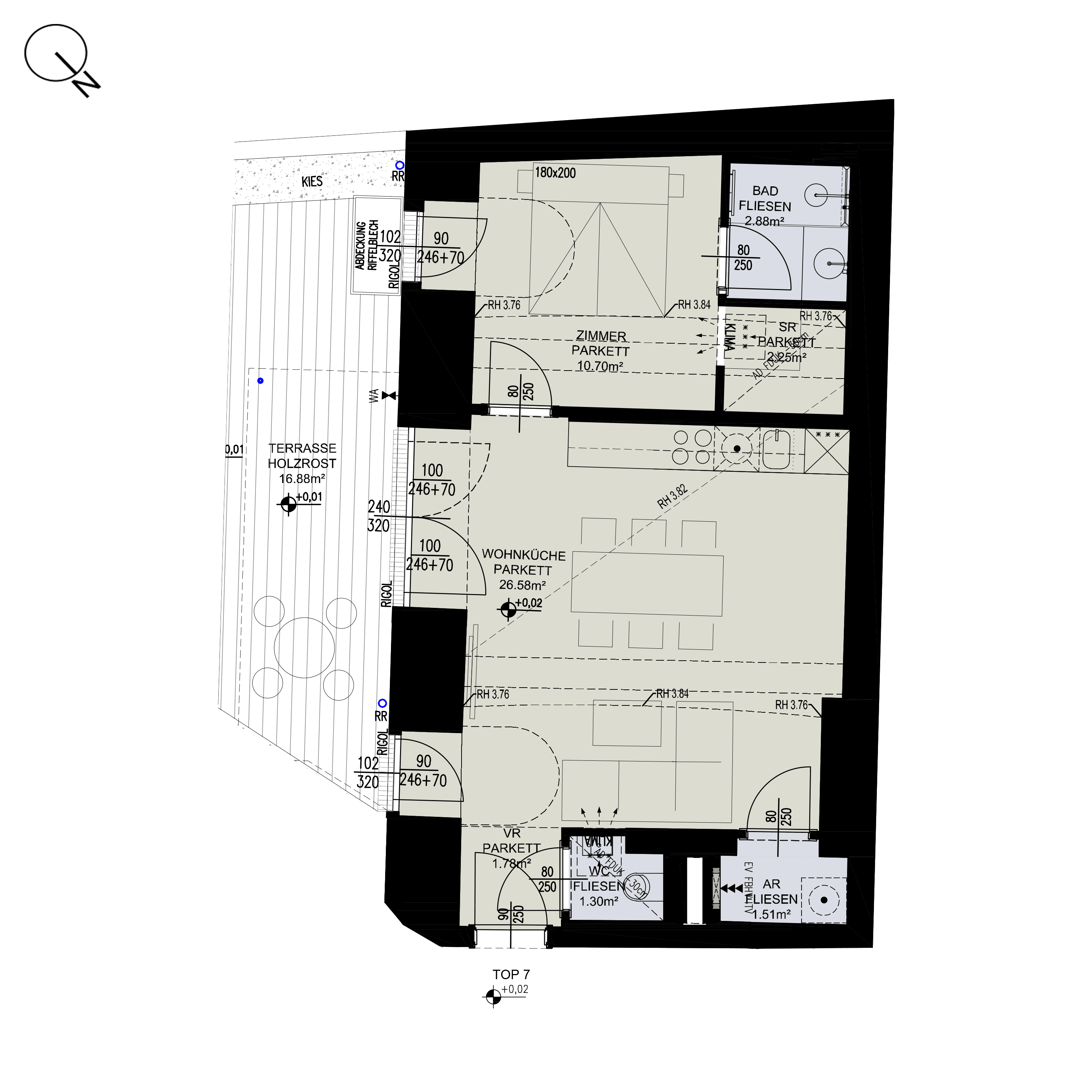 Grundriss Top 2/7 — ESSENZ No.1 — 2 Zimmer — 47 m² — Ground floor — Ost, Süd — Grundriss 1/3