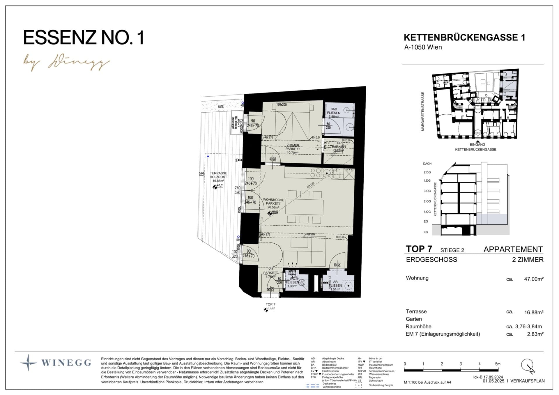 Grundriss Top 2/7 — ESSENZ No.1 — 2 Zimmer — 47 m² — Ground floor — Ost, Süd — Grundriss 3/3