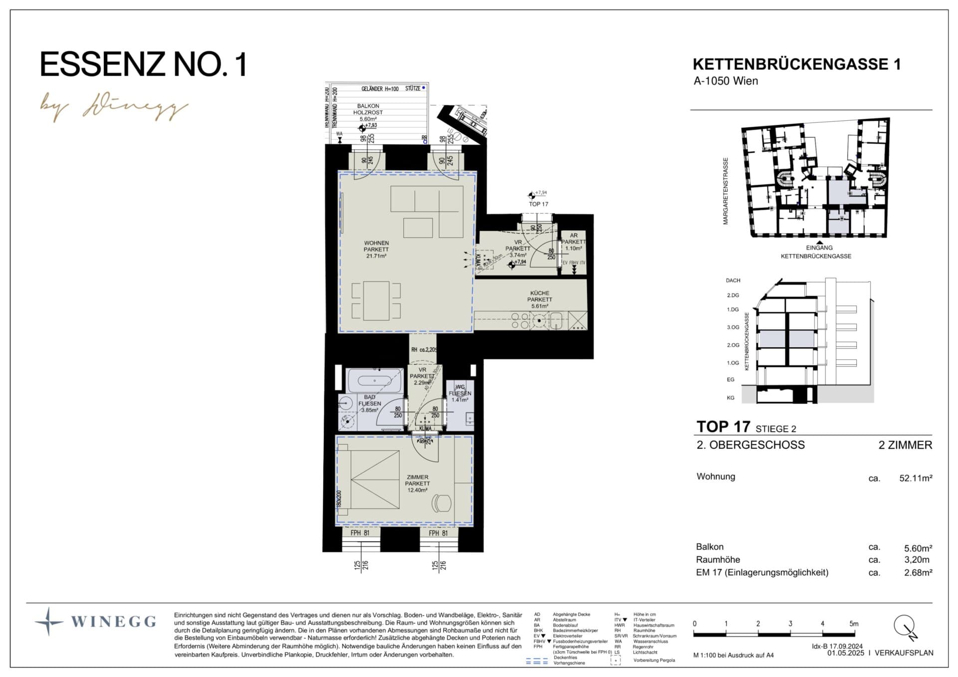 Grundriss Top 2/17 — ESSENZ No.1 — 2 Zimmer — 52,1 m² — 2nd floor — Süd, West — Grundriss 3/3