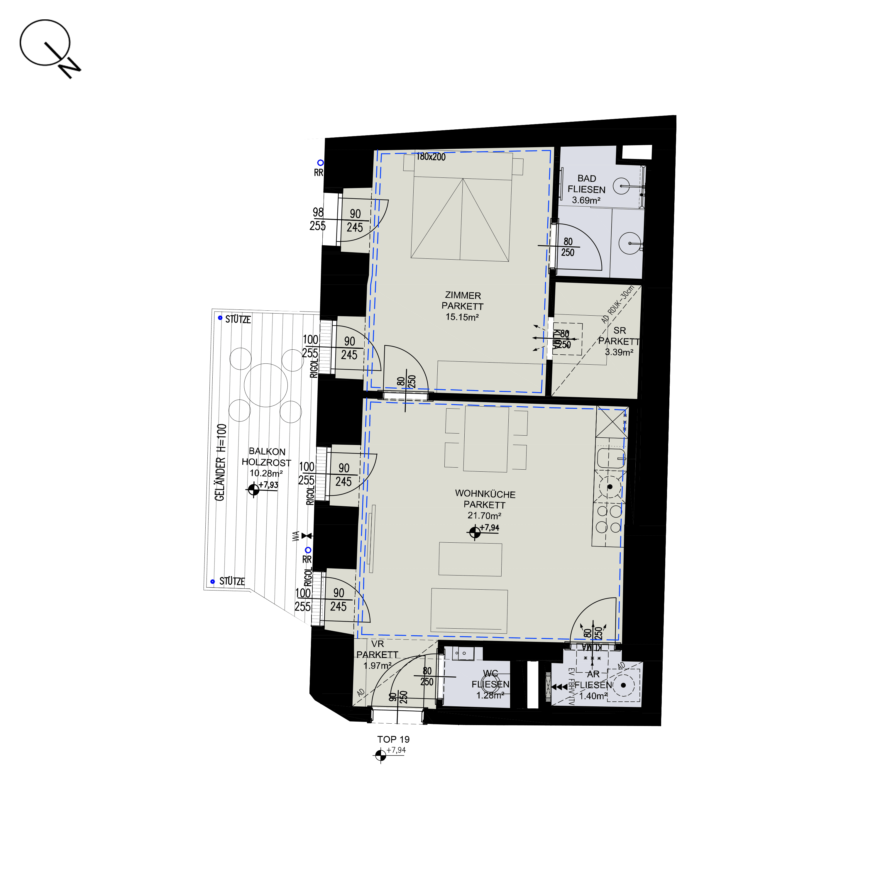 Grundriss Top 2/19 — ESSENZ No.1 — 2 Zimmer — 48,6 m² — 2nd floor — Ost, Süd — Grundriss 1/2