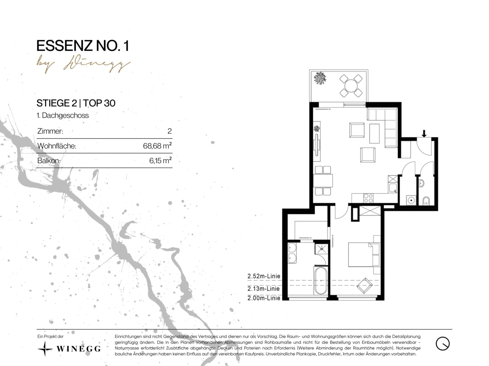 Grundriss Top 2/30 — ESSENZ No.1 — 2 Zimmer — 68,7 m² — 1st attic floor — Süd, West — Grundriss 2/3