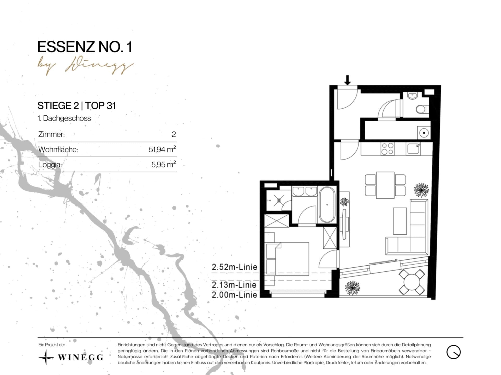 Grundriss Top 2/31 — ESSENZ No.1 — 2 Zimmer — 51,9 m² — 1st attic floor — Nord, Ost — Grundriss 2/3