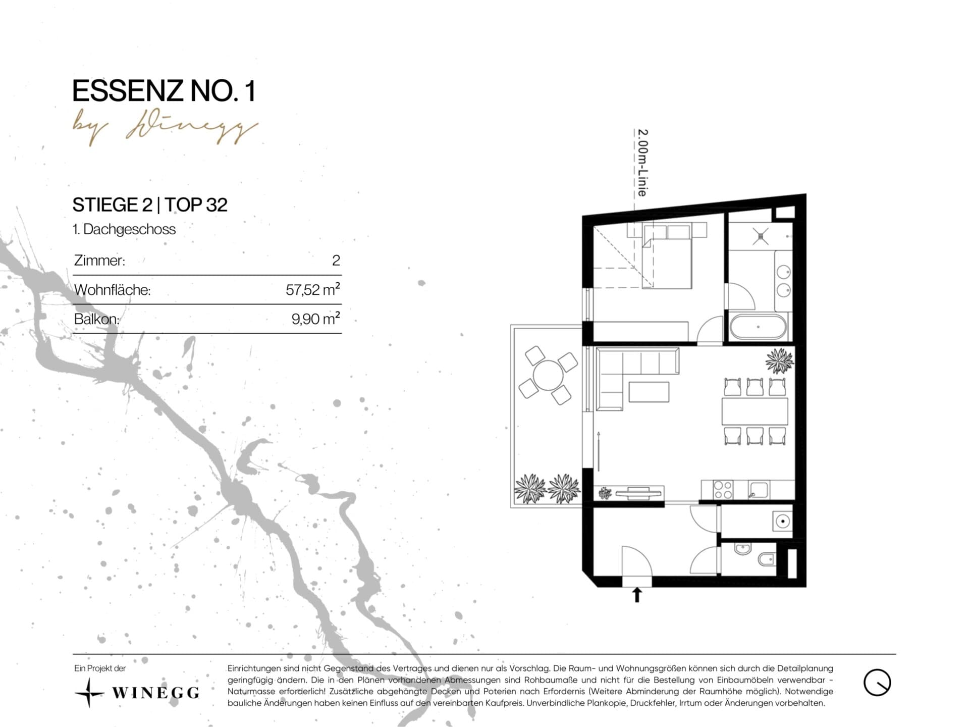 Grundriss Top 2/32 — ESSENZ No.1 — 2 Zimmer — 57,5 m² — 1st attic floor — Ost, Süd — Grundriss 2/2