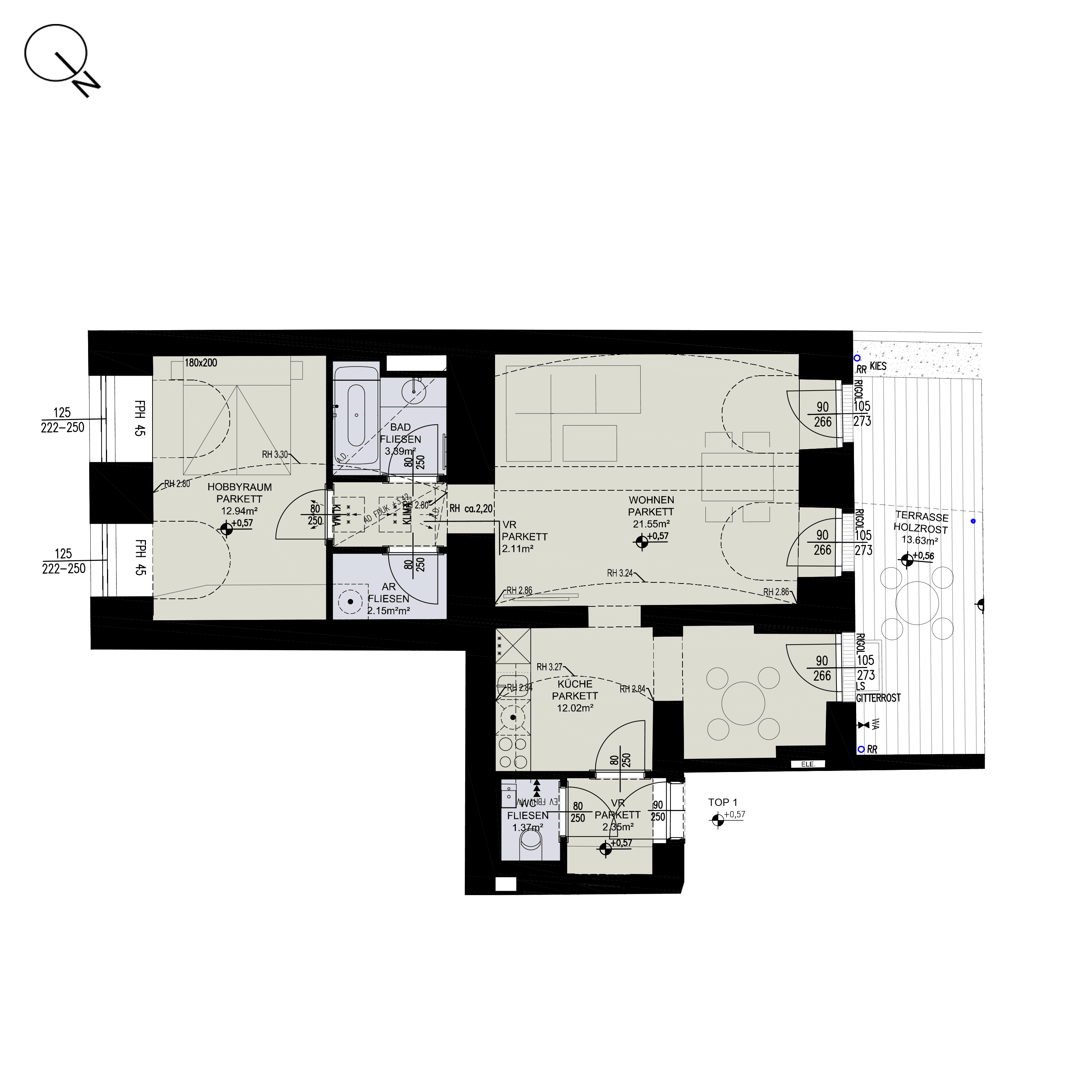 Grundriss Top 1/1 — ESSENZ No.1 — 2 Zimmer — 57,9 m² — Ground floor — West — Grundriss 1/3