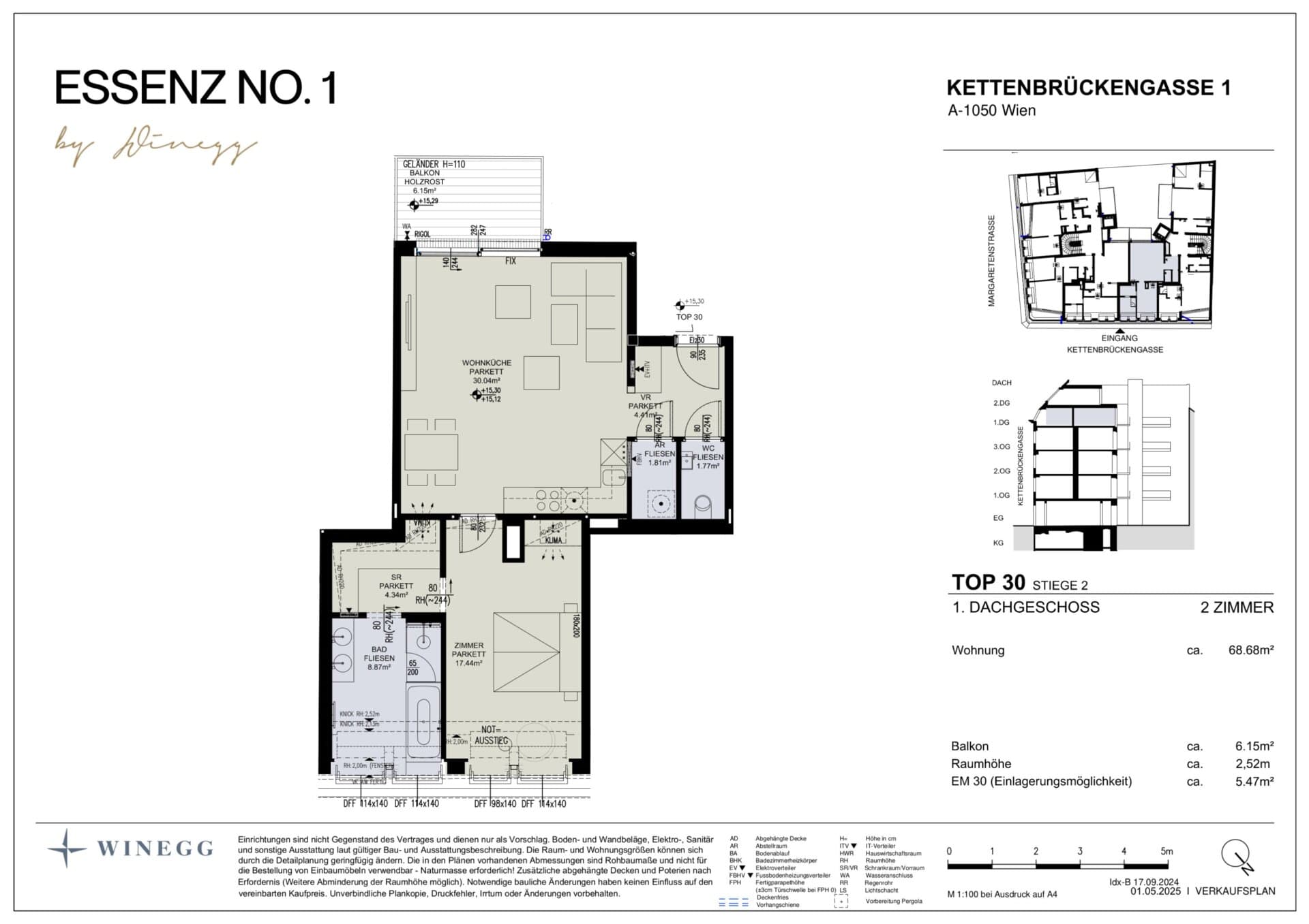 Grundriss Top 2/30 — ESSENZ No.1 — 2 Zimmer — 68,7 m² — 1st attic floor — Süd, West — Grundriss 3/3