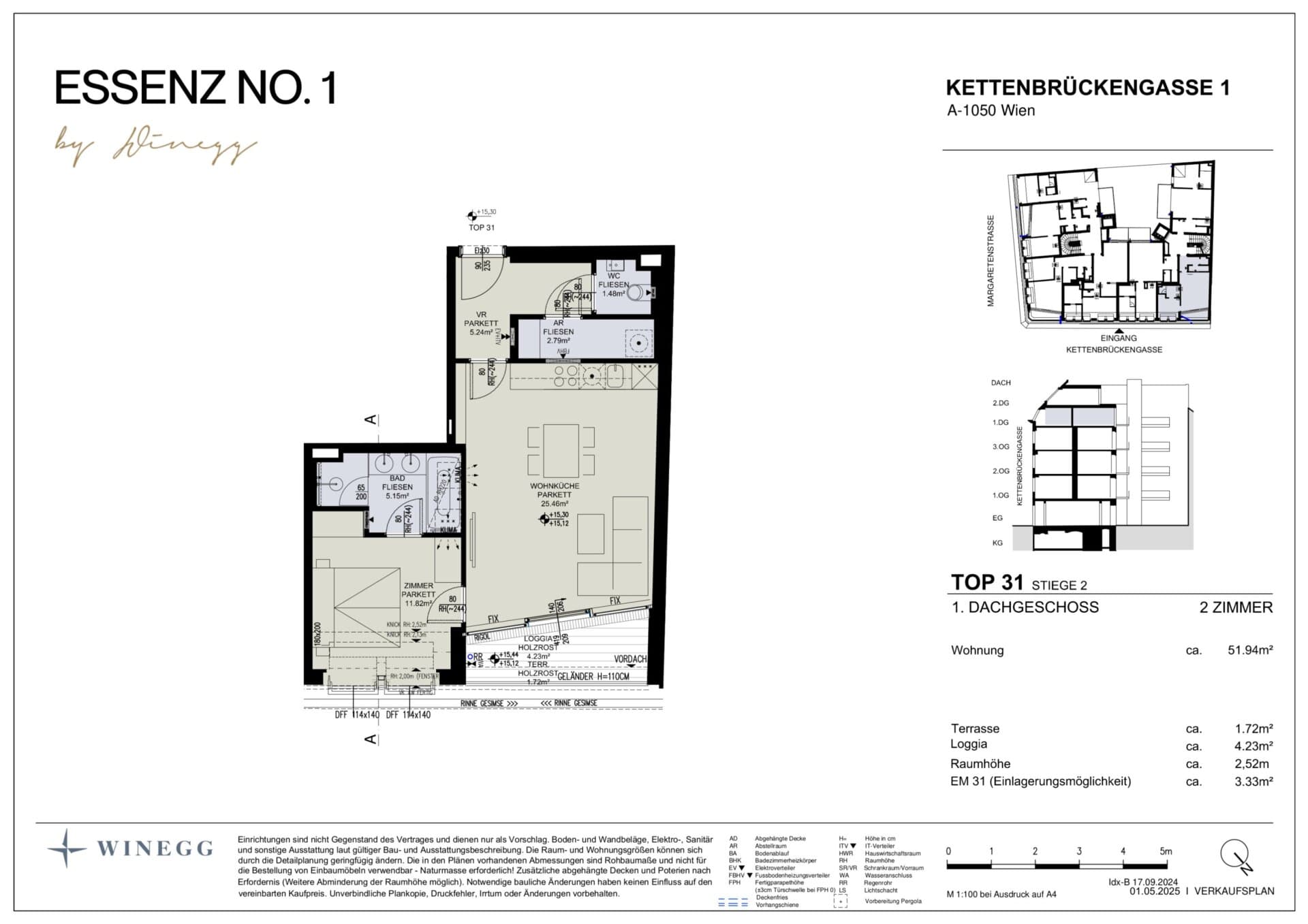 Grundriss Top 2/31 — ESSENZ No.1 — 2 Zimmer — 51,9 m² — 1st attic floor — Nord, Ost — Grundriss 3/3