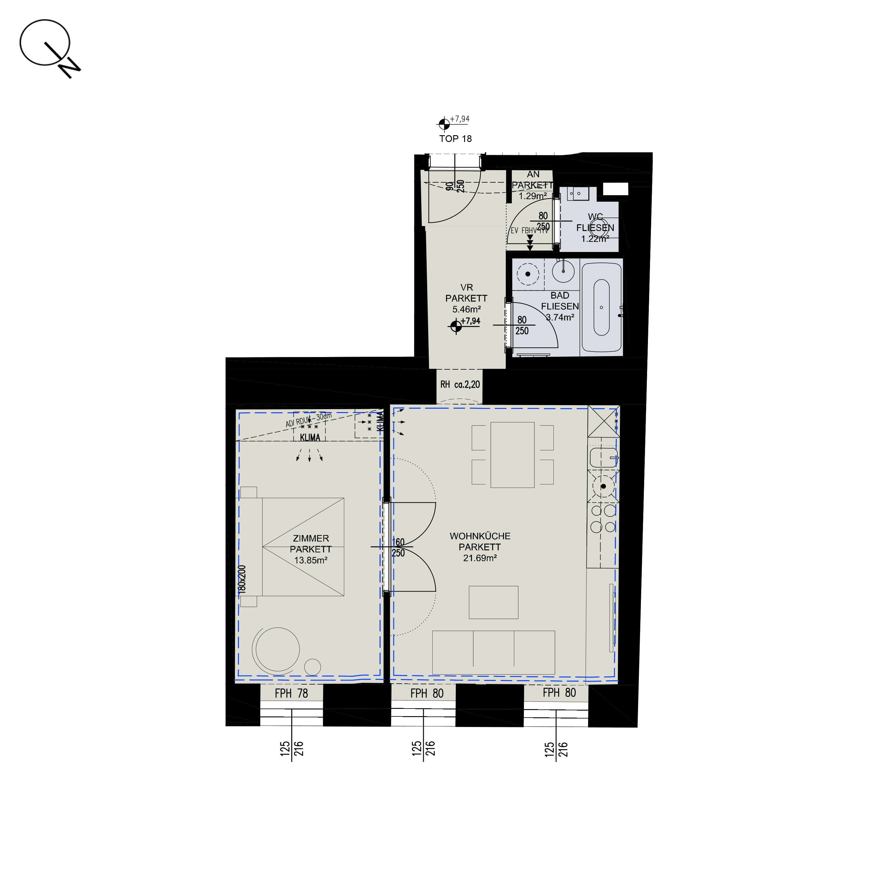Grundriss Top 2/18 — ESSENZ No.1 — 2 Zimmer — 47,3 m² — 2nd floor — Nord, Ost — Grundriss 1/3
