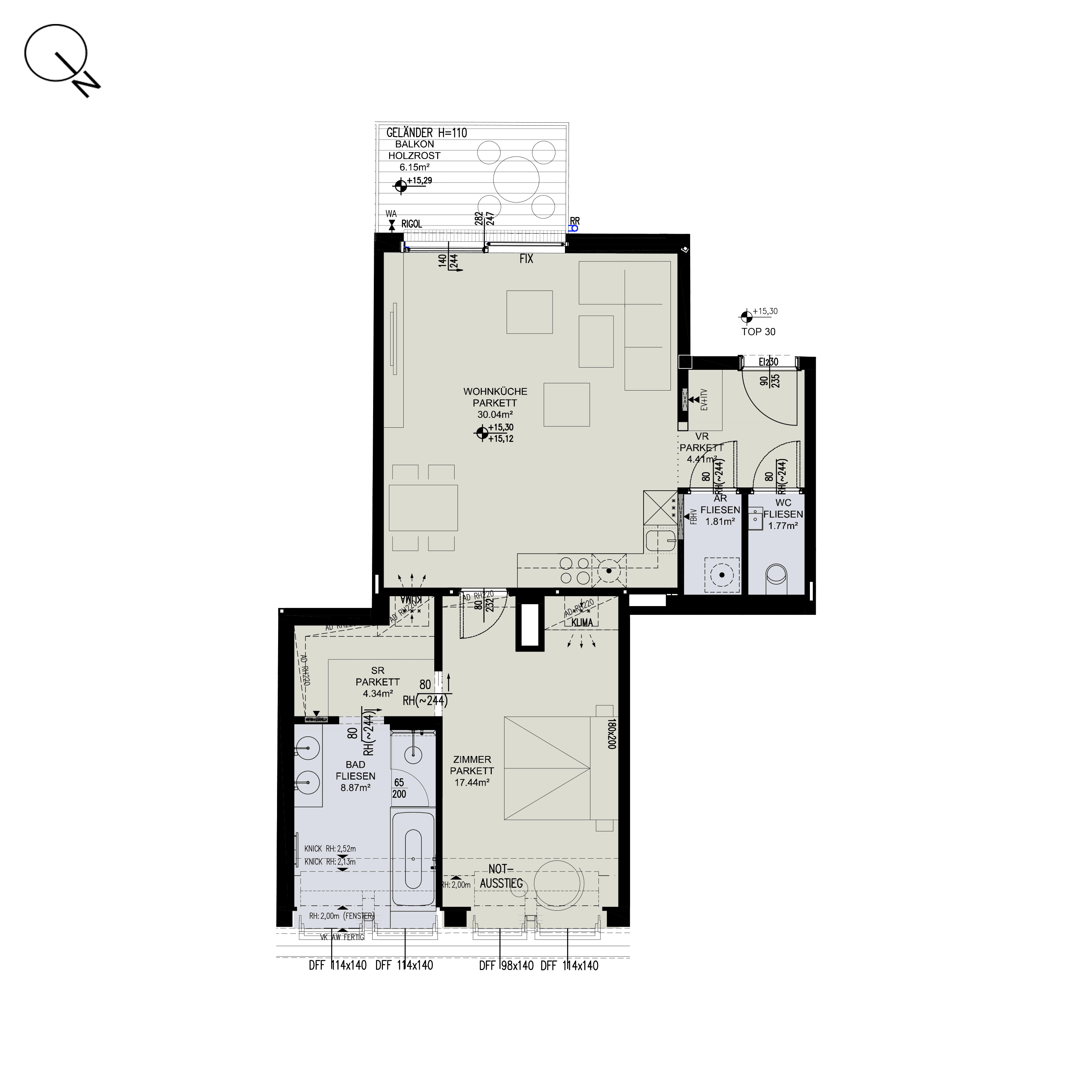 Grundriss Top 2/30 — ESSENZ No.1 — 2 Zimmer — 68,7 m² — 1st attic floor — Süd, West — Grundriss 1/3