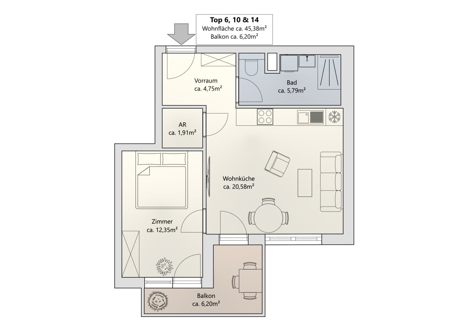 Grundriss Top 14 — Khekgasse 55 — 2 Zimmer — 45 m² — 3rd floor — south