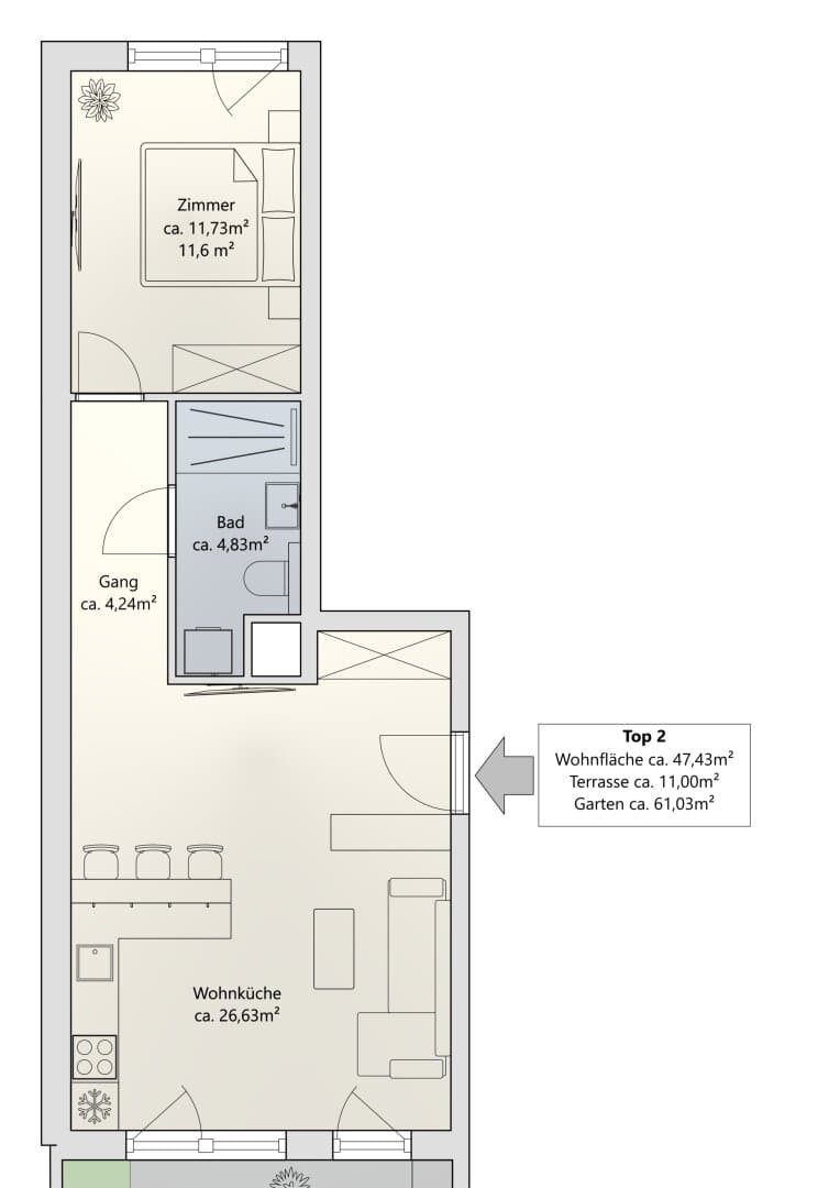 Grundriss Top 2 — Khekgasse 55 — 2 Zimmer — 47 m² — Ground floor — south — Grundriss 1/2