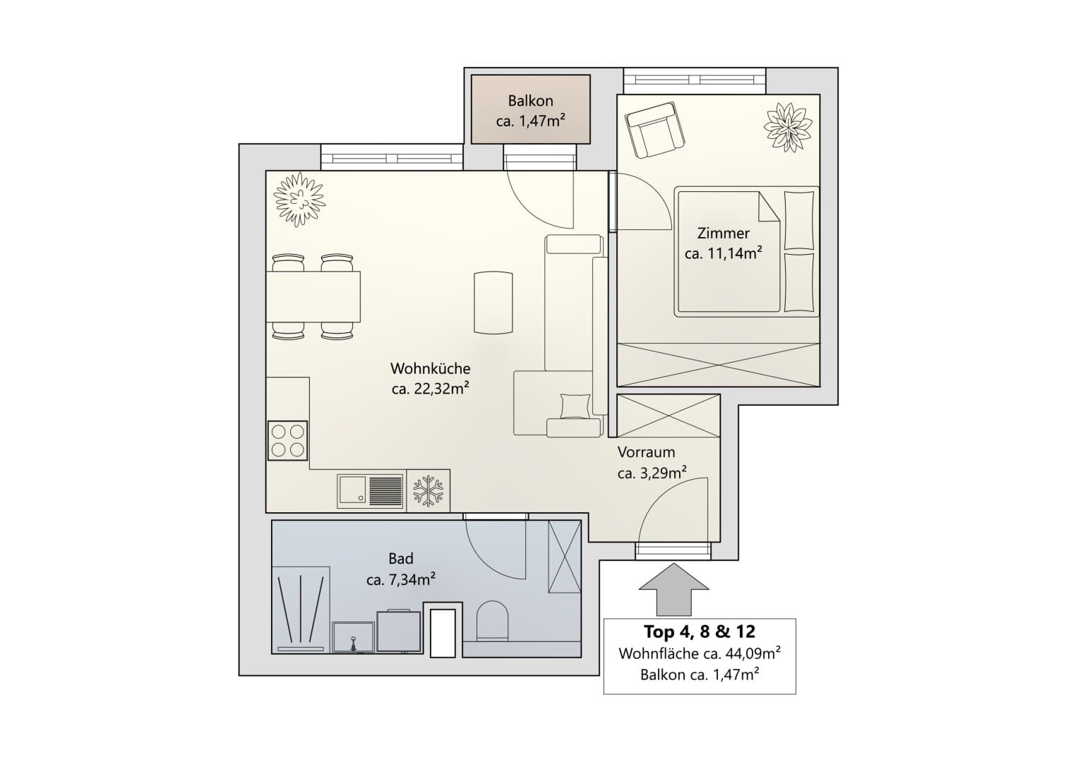 Grundriss Top 4 — Khekgasse 55 — 2 Zimmer — 44 m² — 1st floor
