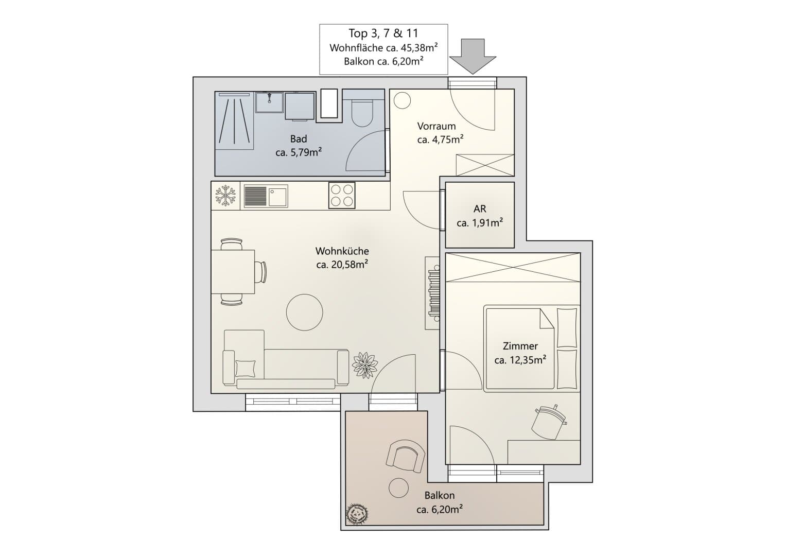 Grundriss Top 7 — Khekgasse 55 — 2 Zimmer — 45 m² — 2nd floor — south