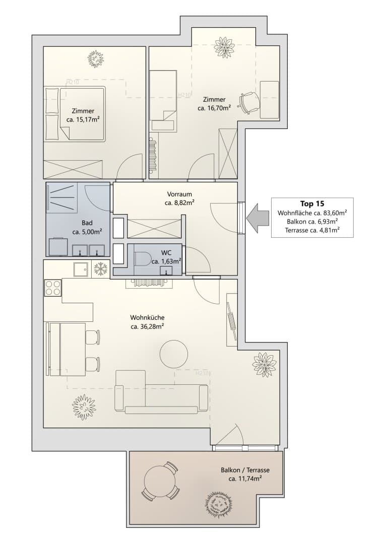 Grundriss Top 15 — Khekgasse 55 — 3 Zimmer — 84 m² — Attic floor — south