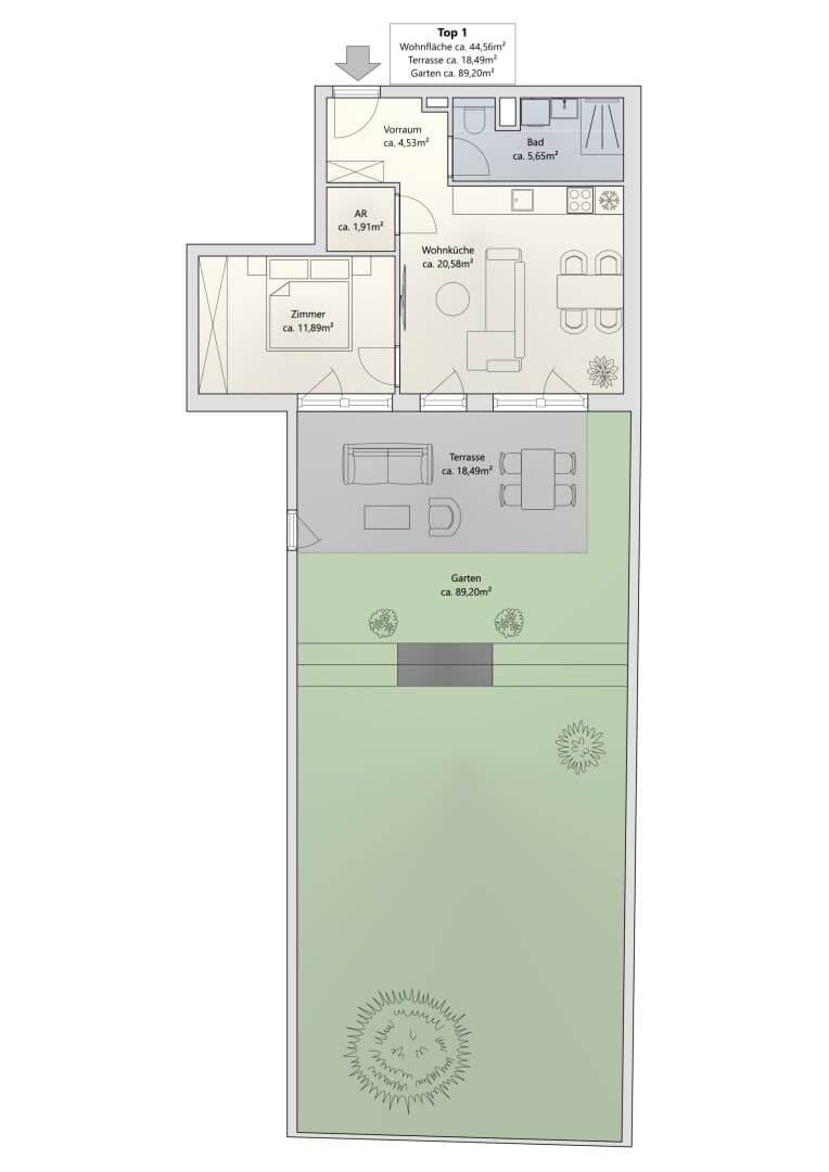 Grundriss Top 1 — Khekgasse 55 — 2 Zimmer — 45 m² — Ground floor — south — Grundriss 2/2