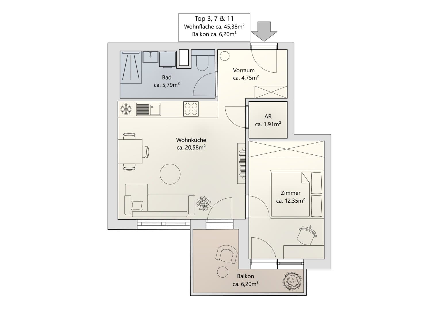 Grundriss Top 3 — Khekgasse 55 — 2 Zimmer — 45 m² — 1st floor — south