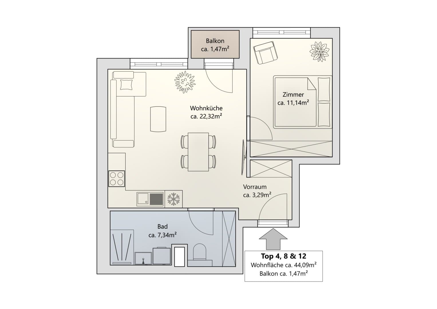 Grundriss Top 12 — Khekgasse 55 — 2 Zimmer — 44 m² — 3rd floor