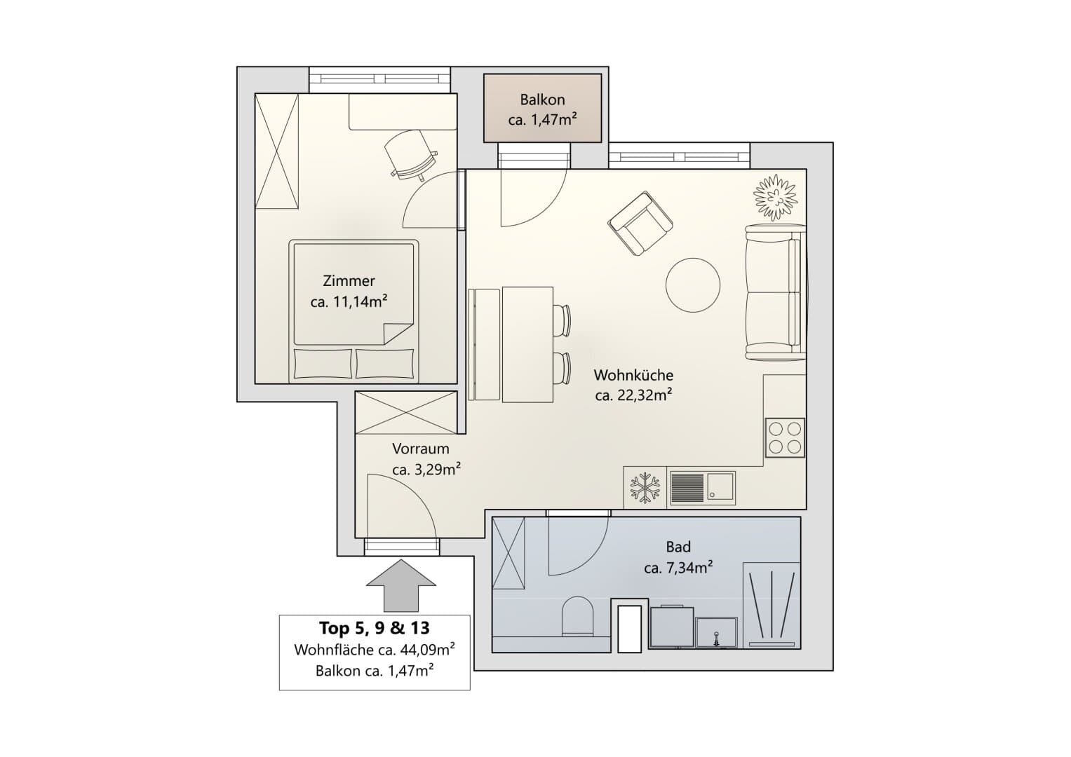 Grundriss Top 5 — Khekgasse 55 — 2 Zimmer — 44 m² — 1st floor