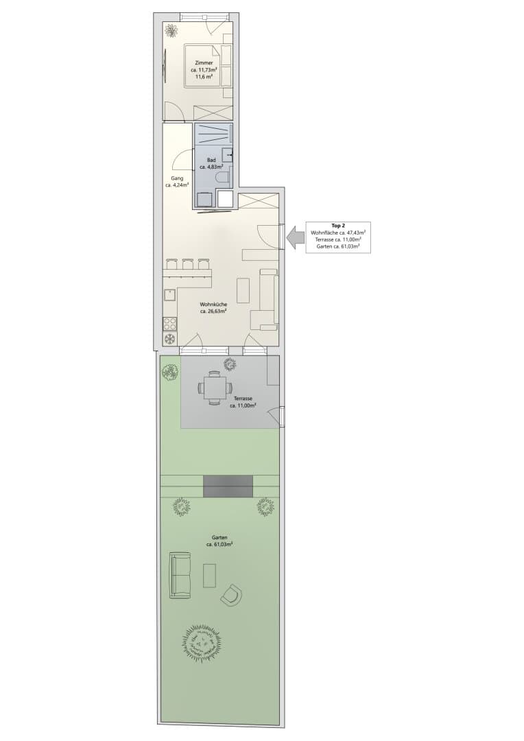 Grundriss Top 2 — Khekgasse 55 — 2 Zimmer — 47 m² — Ground floor — south — Grundriss 2/2