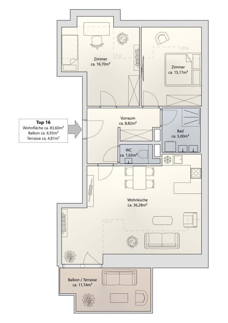 Grundriss Top 16 — Khekgasse 55 — 3 Zimmer — 84 m² — Attic floor