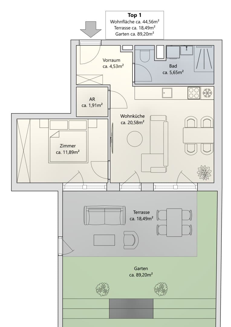 Grundriss Top 1 — Khekgasse 55 — 2 Zimmer — 45 m² — Ground floor — south — Grundriss 1/2