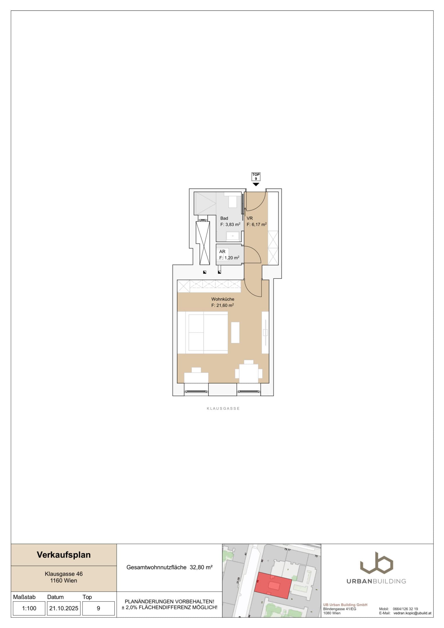 Grundriss Top 9 — Klausgasse 46 — 1 Zimmer — 32,8 m² — 1st floor