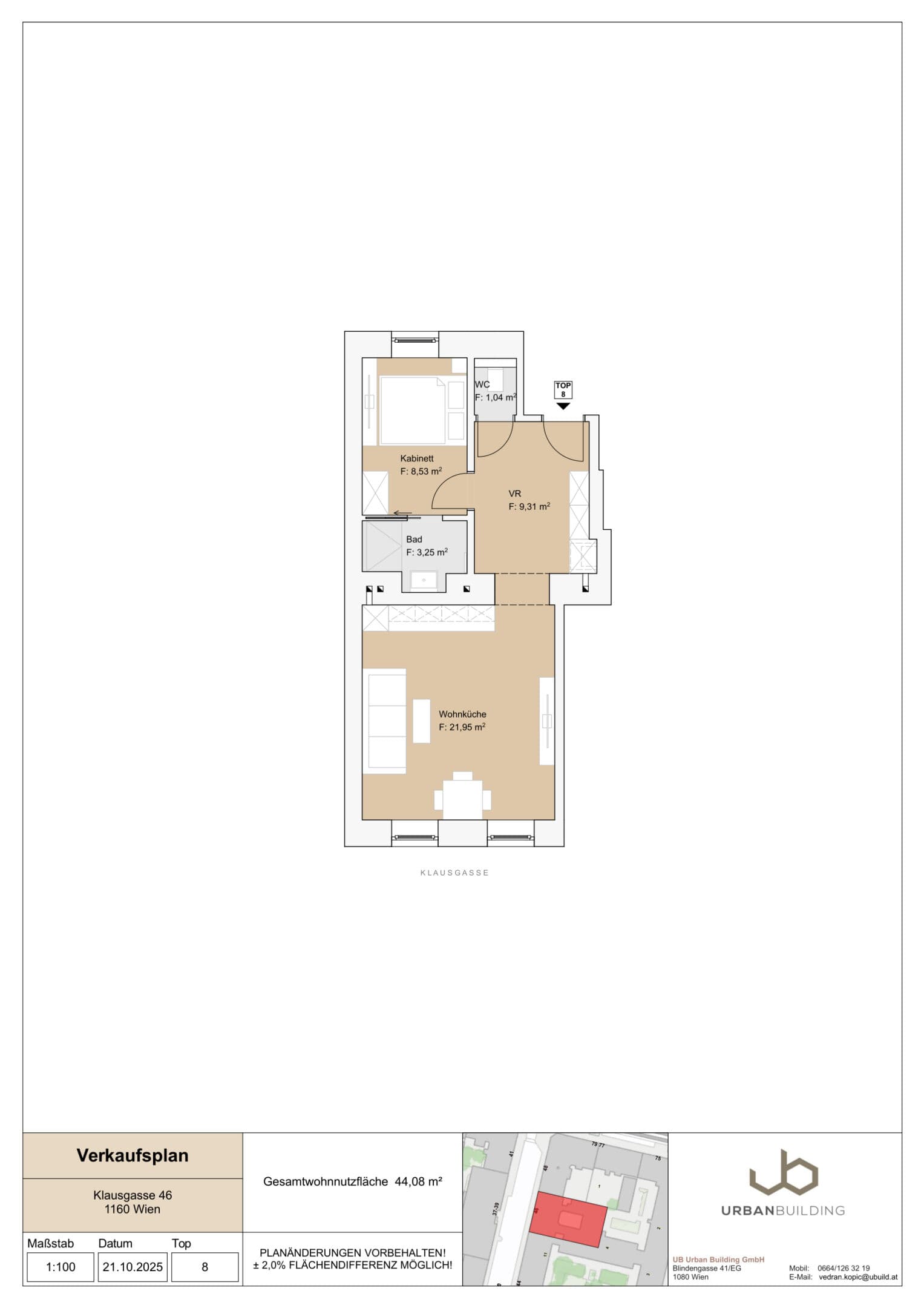 Grundriss Top 8 — Klausgasse 46 — 2 Zimmer — 44,1 m² — 1st floor
