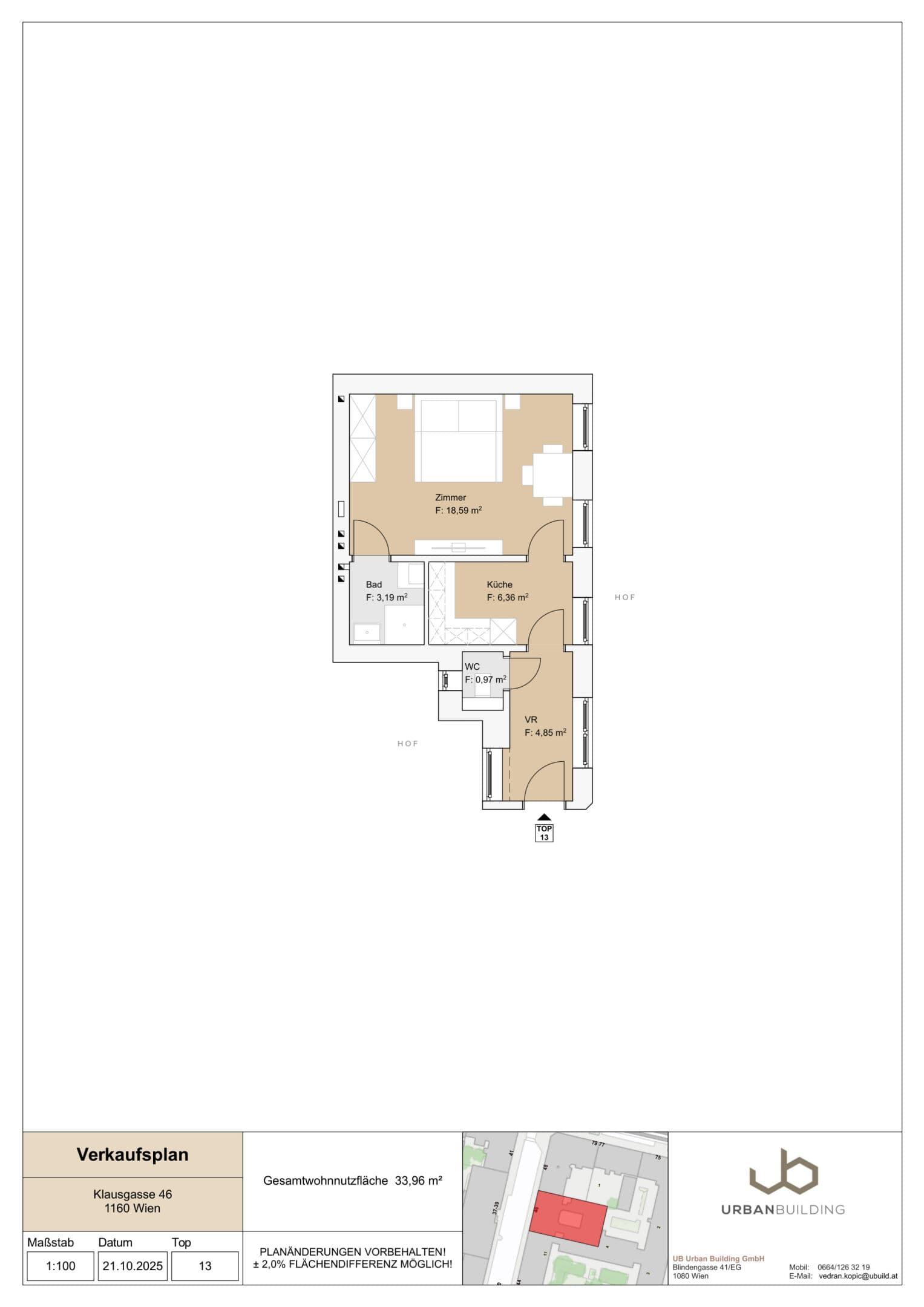 Grundriss Top 13 — Klausgasse 46 — 1.5 Zimmer — 34 m² — 2nd floor