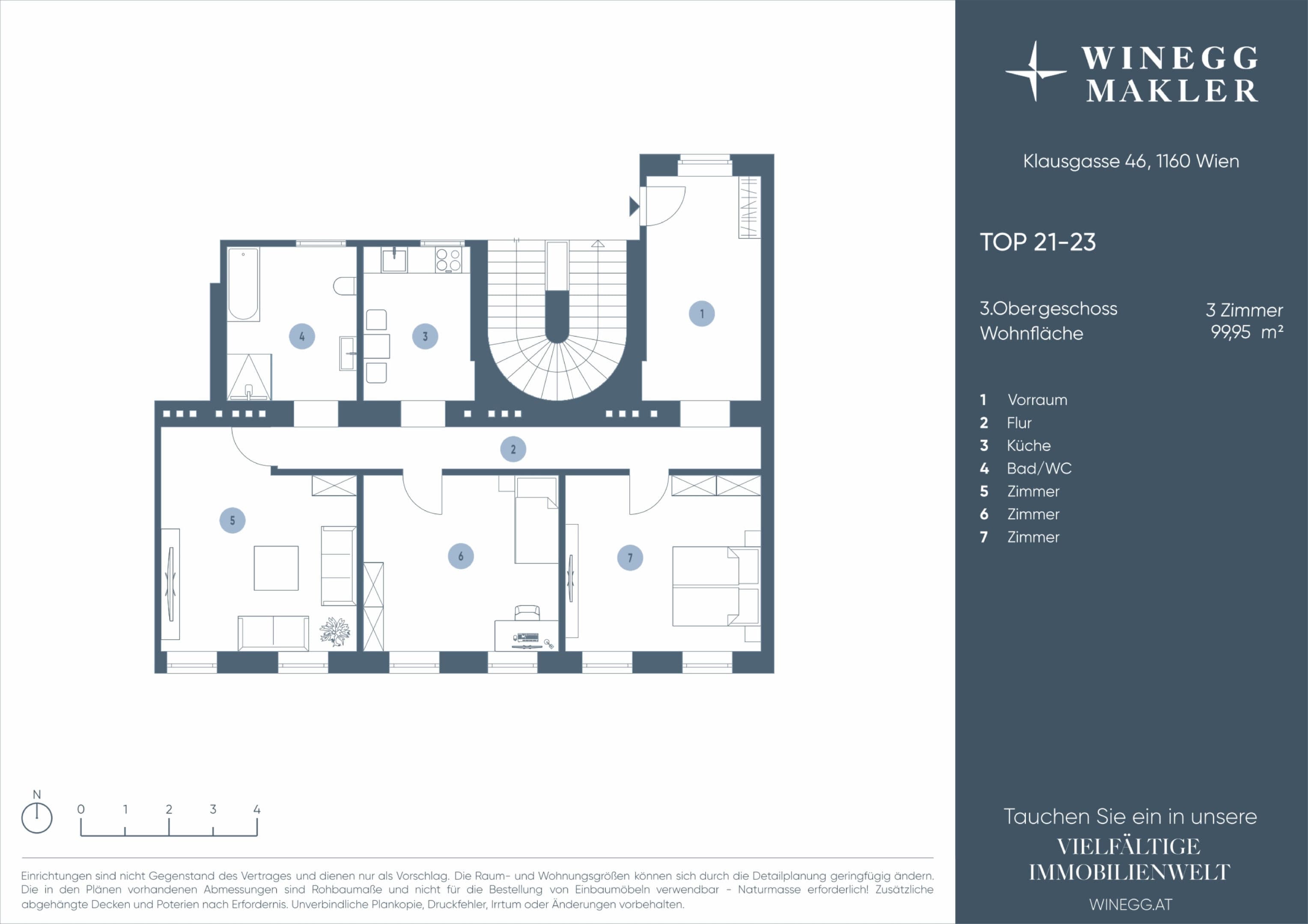 Grundriss Top 21-23 — Klausgasse 46 — 3 Zimmer — 100 m² — 3rd floor