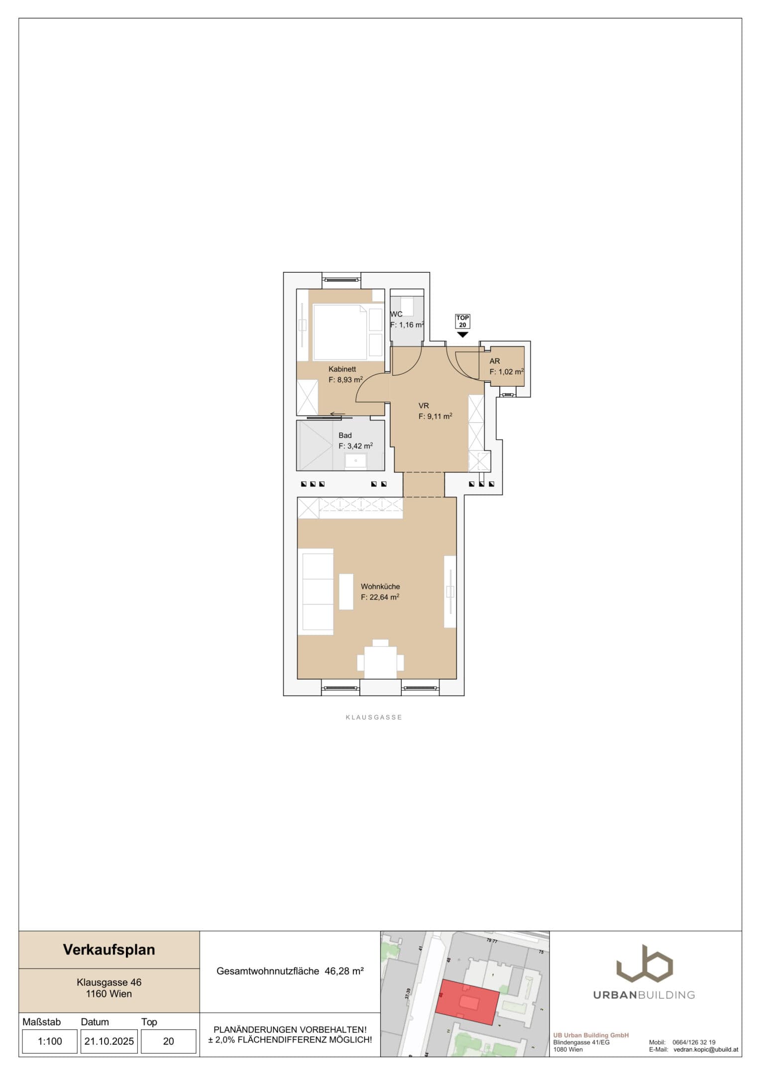 Grundriss Top 20 — Klausgasse 46 — 2 Zimmer — 46,3 m² — 3rd floor