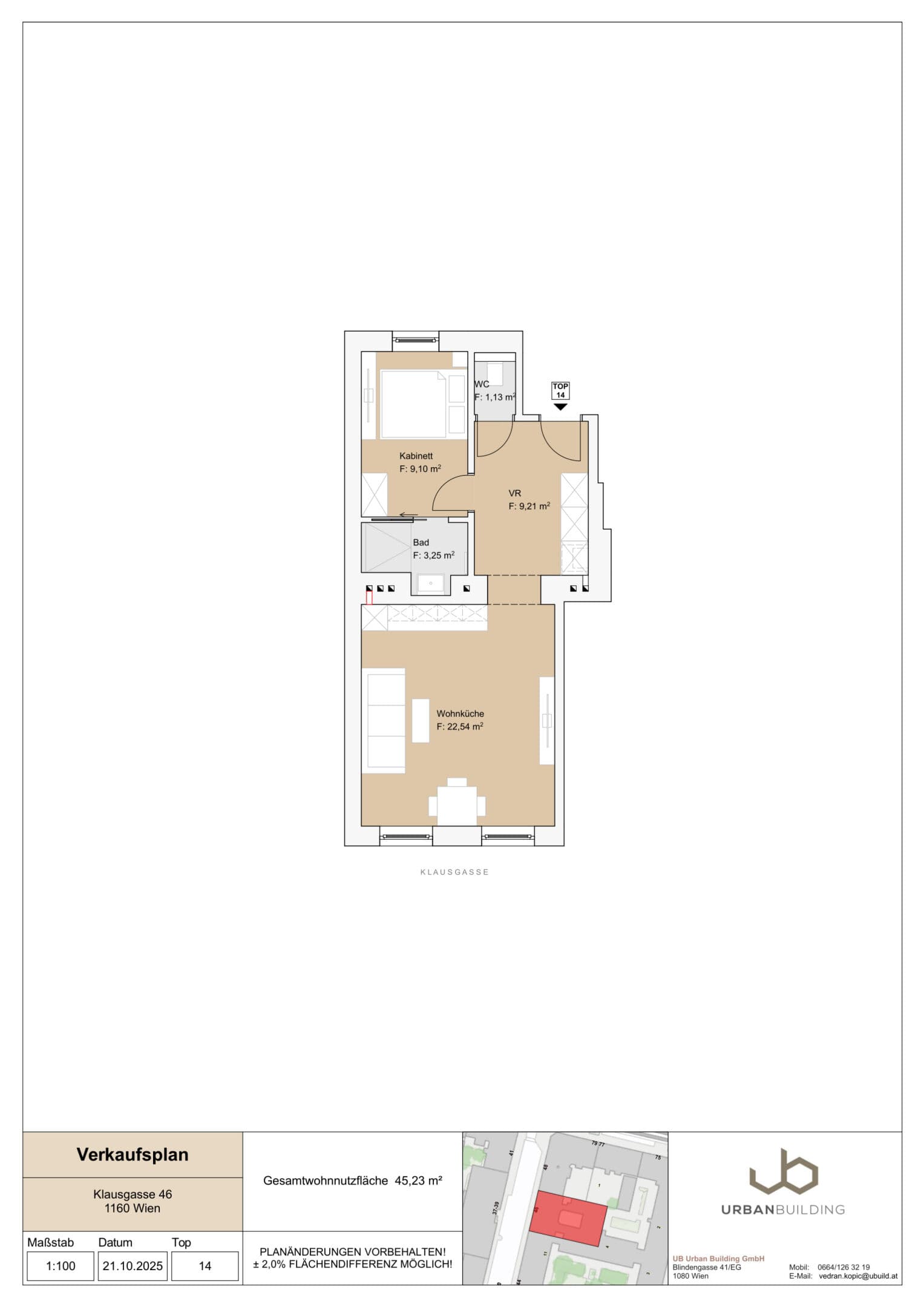 Grundriss Top 14 — Klausgasse 46 — 2 Zimmer — 45,2 m² — 2nd floor